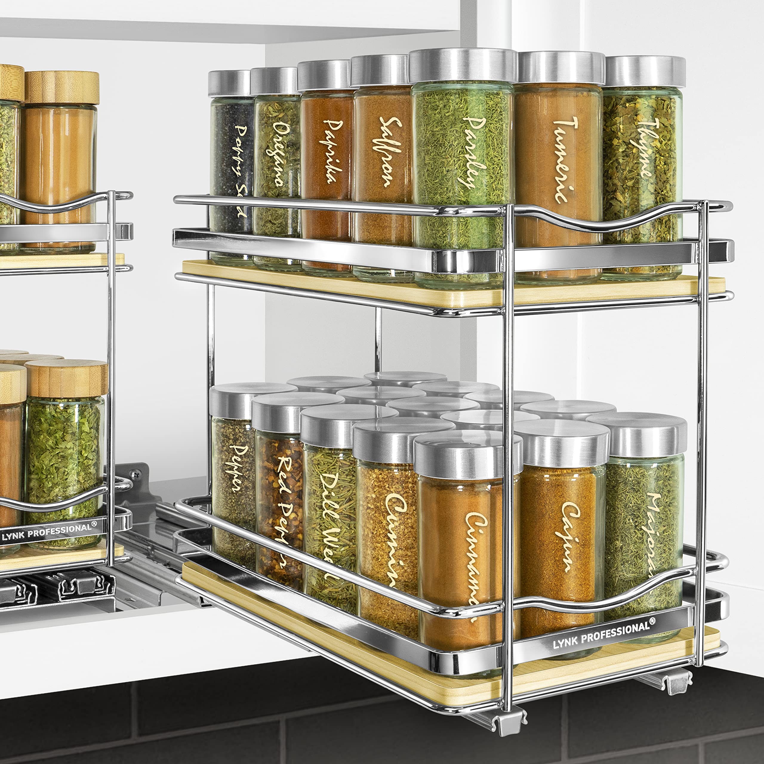 Élite™ Pull Out Spice Rack Organizer for Cabinet - Lifetime Limited Warranty - Slide Out Rack, 6-1/4 inch Wide, Wood and Chrome Sliding Spice Organizer Shelf - Double