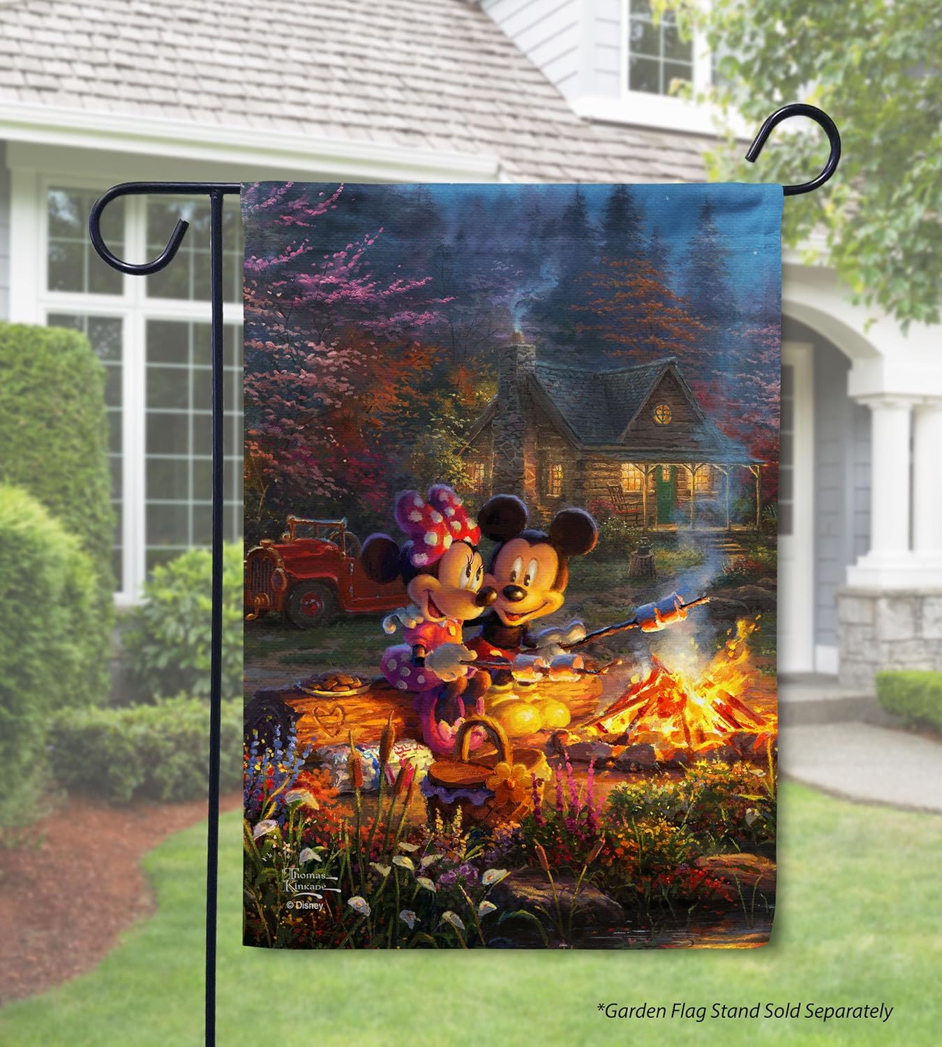 Flagology, Thomas Kinkade Disney Mickey Mouse & Minnie Mouse,Mickey and Minnie Sweetheart Campfire – Garden Flag 12" x 18", Outdoor, Officially Licensed Disney