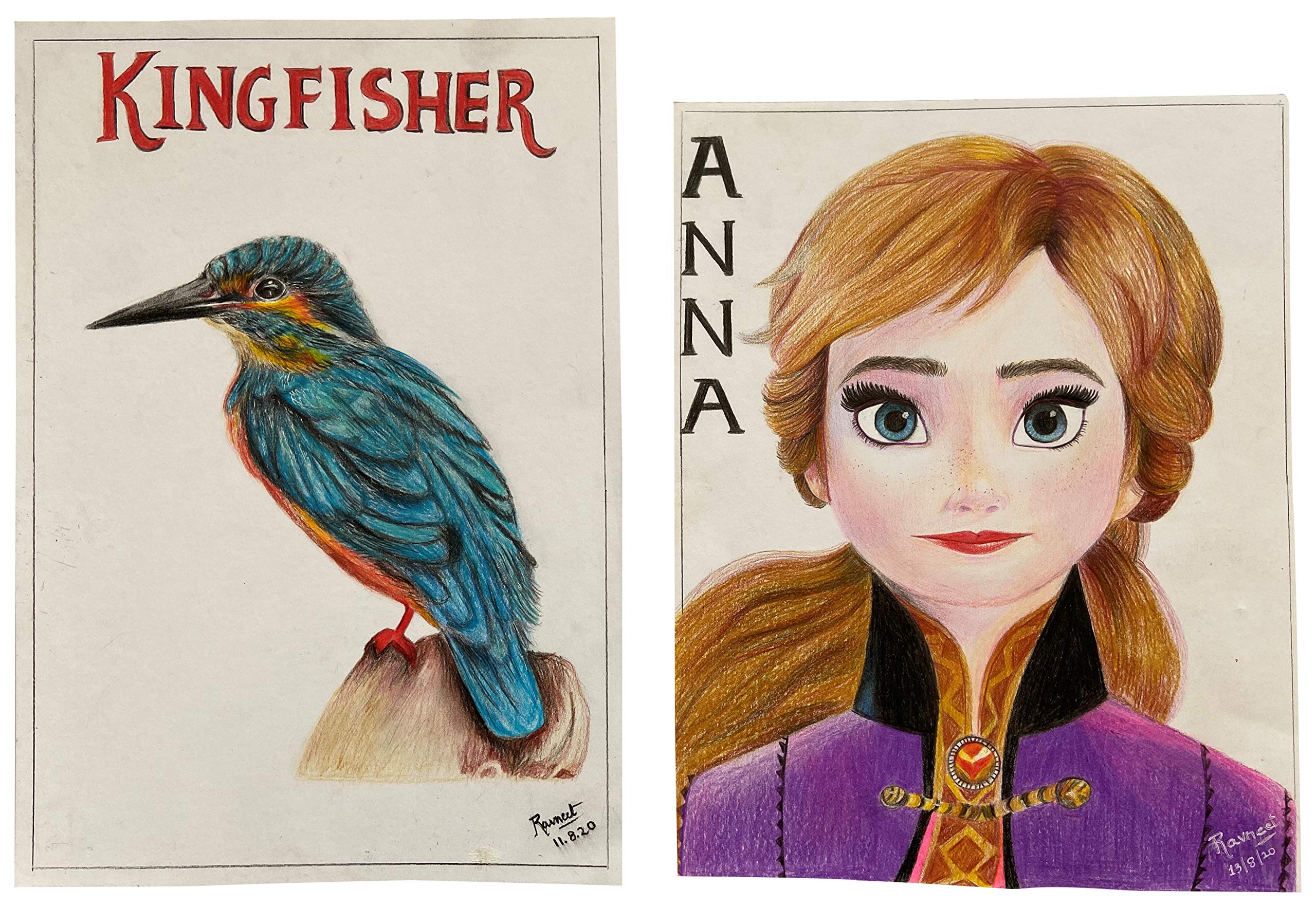 Ravneet's Art Handmade Paper Kingfisher and Anna Frozen Paintings (21 cm x 30 cm x 1 cm, Multi, 2 Piece)