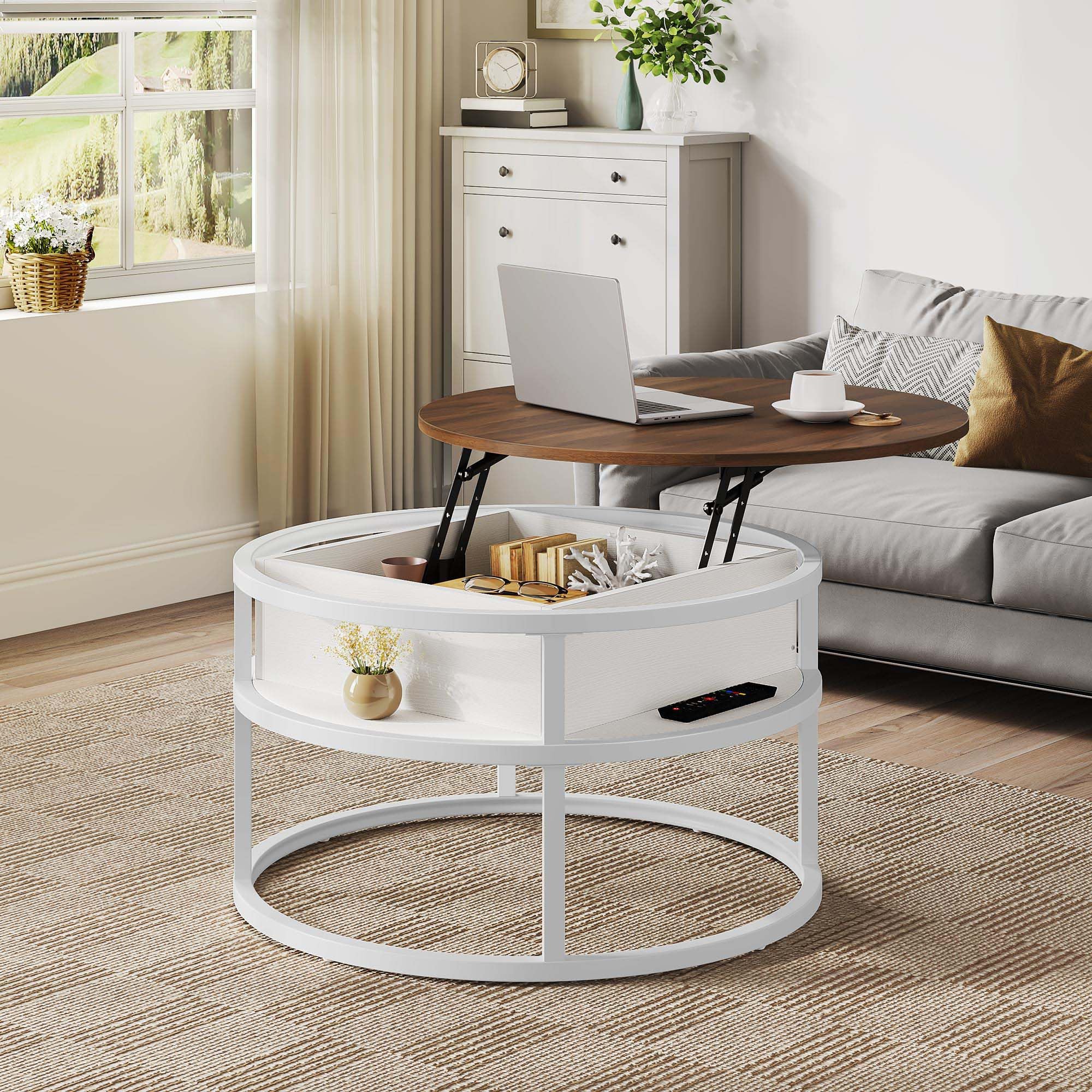 YITAHOME Couchtisch Rund mit Hebeplatte, Wohnzimmertisch mit verstecktem Ablagefach, Beistelltisch Rund mit Stauraum für Home Office, Runder Mitteltische Wohnzimmer, Weiße Eiche
