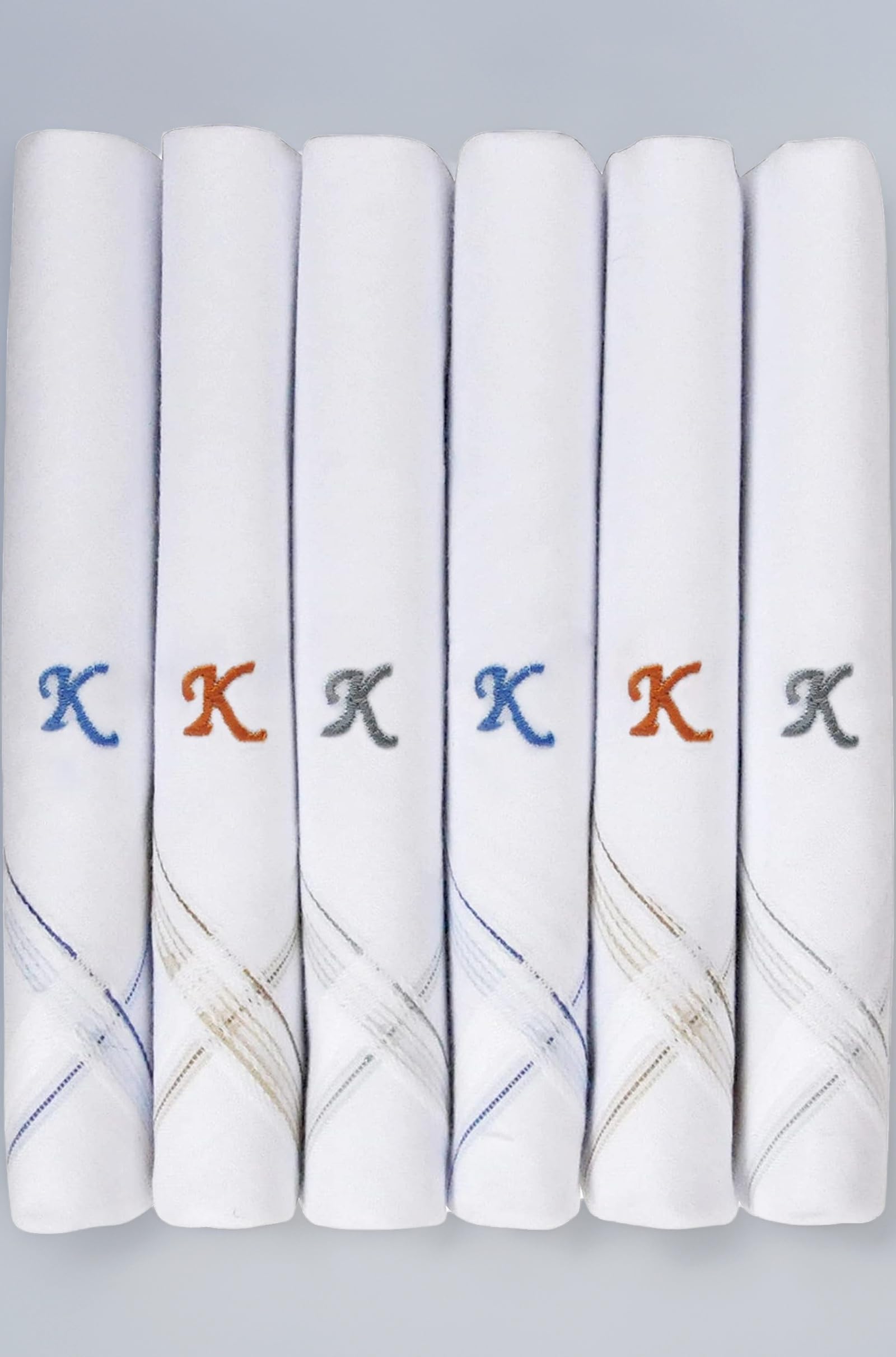 Caruso Italy Men's Initial Monogram (A-Z) Embroidery 100% Pure Cotton Handkerchief White Base With Colored Border - Pack Of 6