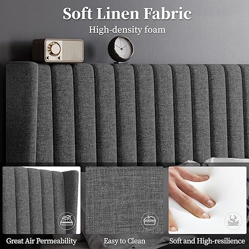 Miniatura 23 de Yaheetech - Base de cama matrimonial, plataforma tapizada con cabecera de borde ala, base de colchón de tela capitoné cuadrada, soporte de listones