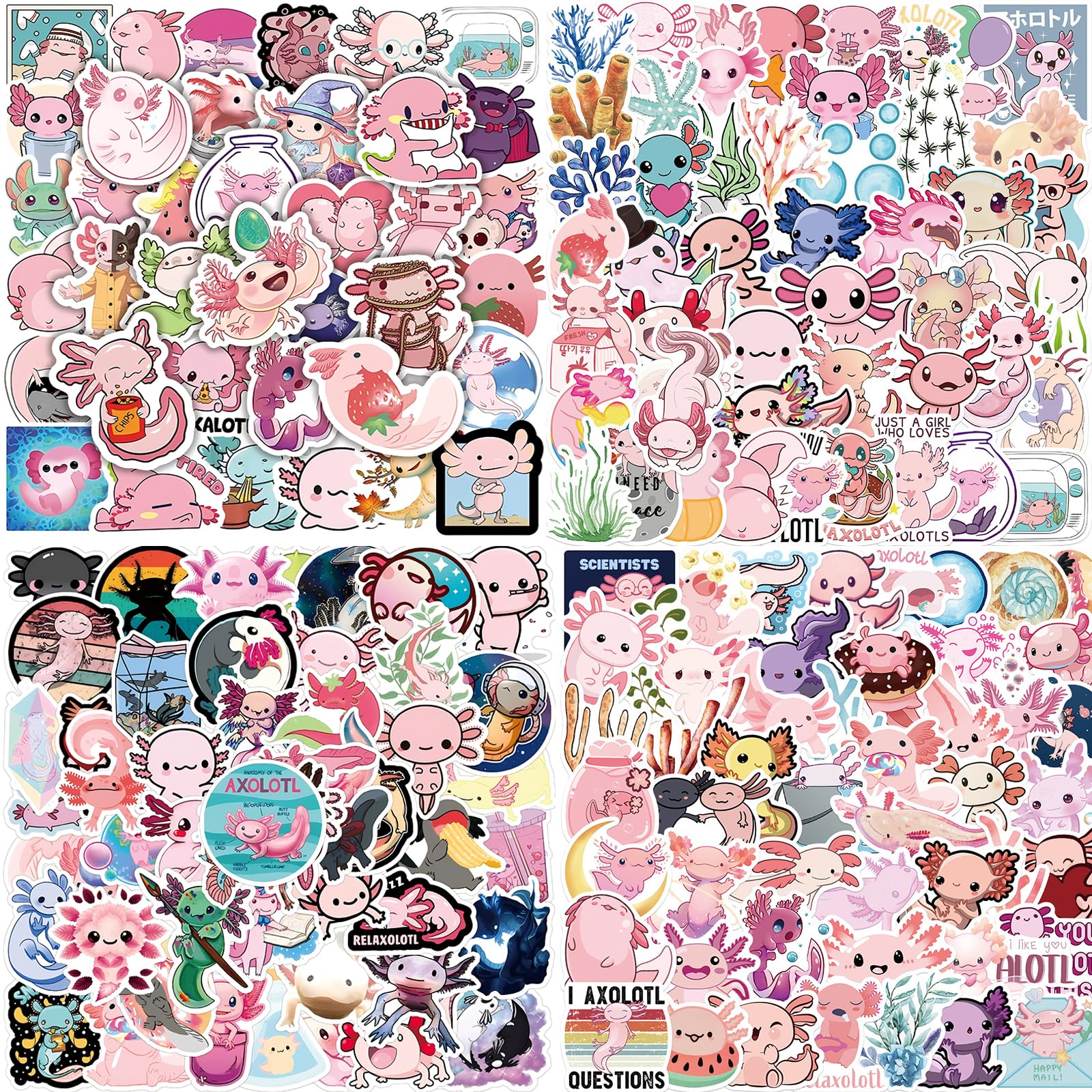 200 Pcs Kawaii Axolotl Stickers Cute Axolotl Party Favors Supplies Waterproof Vinyl Stickers Decals for Kids, Adults Water Bottle, Laptop, Phone, Skateboard, Guitar, Luggage Dcor