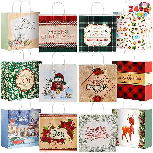 JOYIN 24 Pcs Christmas Kraft Paper Gift Bags with Twine Handles, 12 X 12 X 5'' Large Xmas Gift Bags with 12 Designs for Holiday Present Wrapping, Christmas Goodie Bags, Xmas Goody Bags Party Supplies