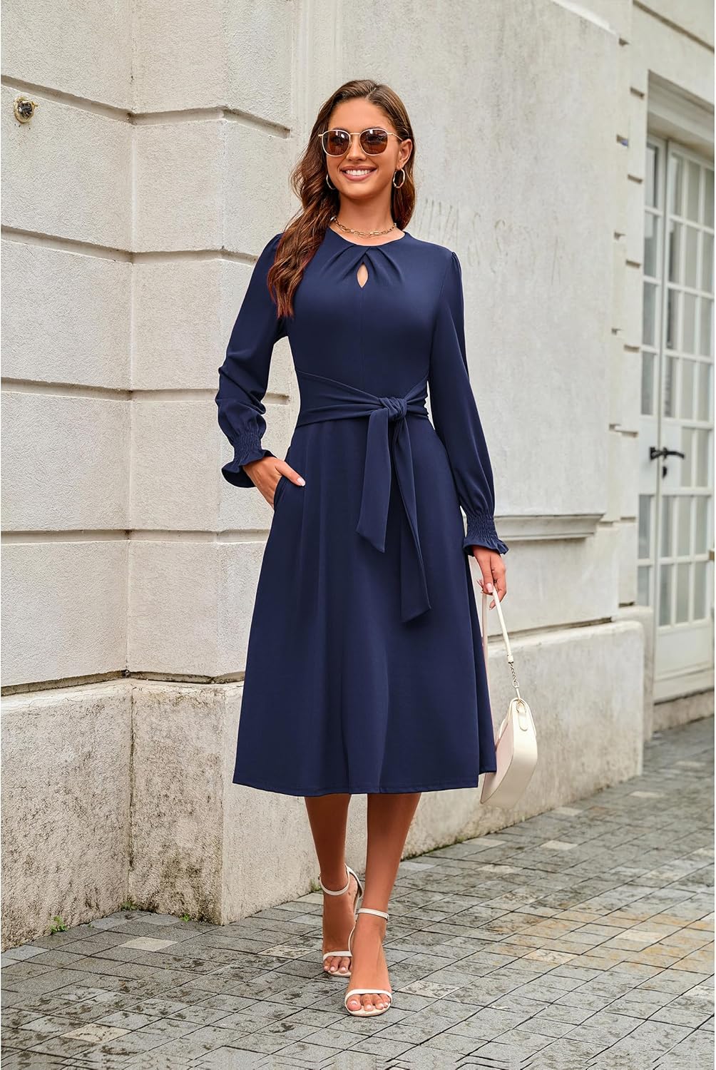 ECOWISH Womens Midi Dress 2025 Fall Long Sleeve Tie Waist Elegant Work Party Cocktail A Line Flowy Dresses with Pockets - Image 4