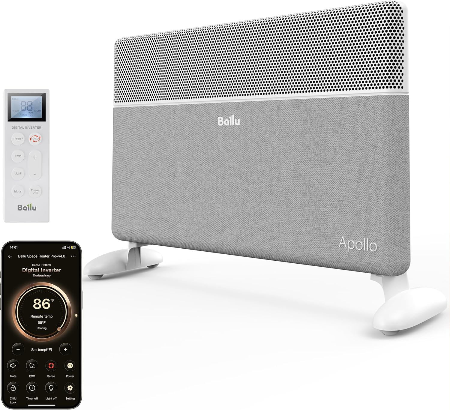 Ballu Convection Panel Space Heater for Large Room,Smart Quiet Heater with Programmable Thermostat,WiFi App Control,Inverter Energy Efficient for Indoor Use,Compatible with Alexa,White Fabric White