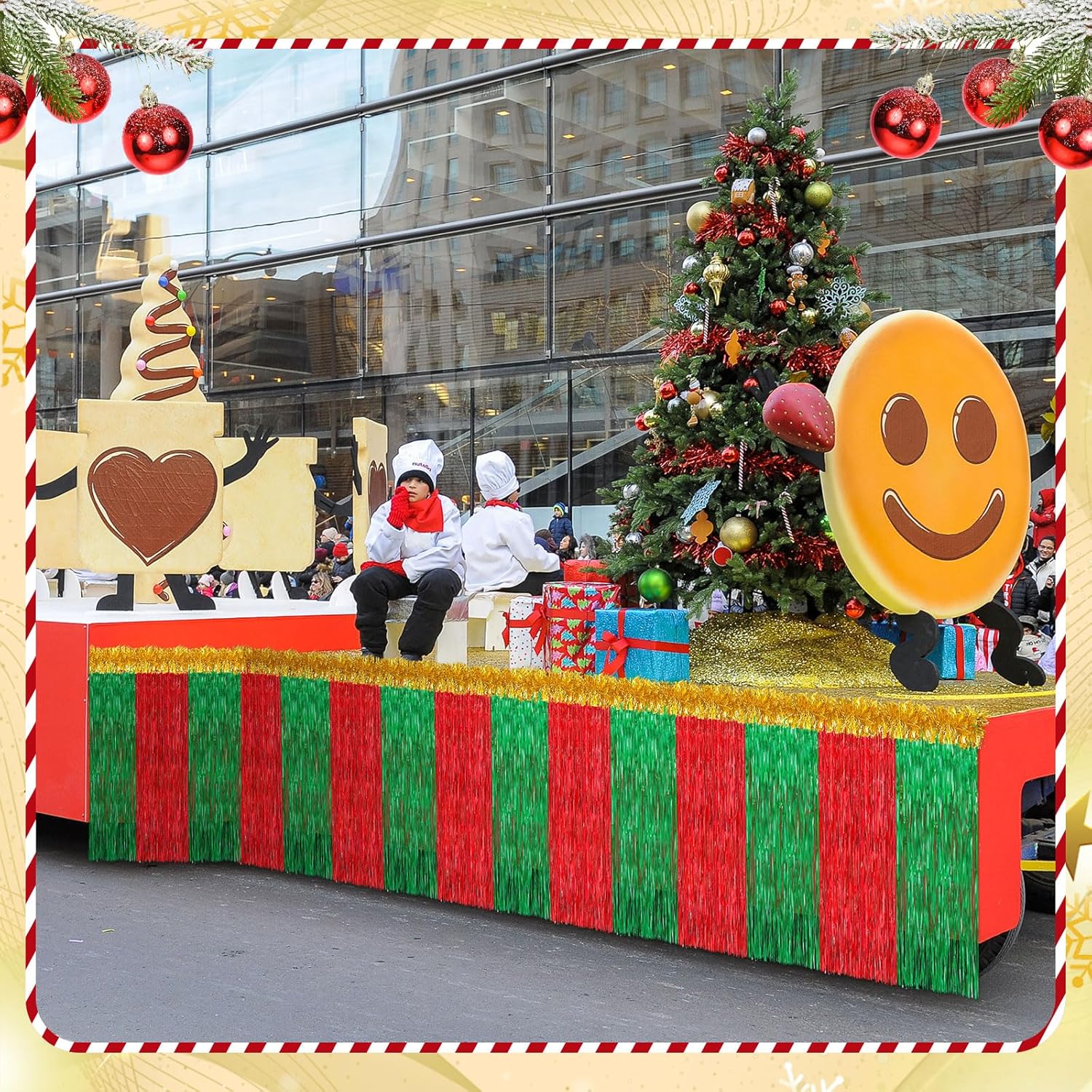 Crowye 10 Pcs Christmas Parade Float Decoration Kit Include 9.02 x 2.46 ft Foil Fringe Table Skirt 78.8 x 3.55 in Metallic Tinsel Garland for Trailer Car Xmas Float Supplies Decor (Red,Green,Gold)