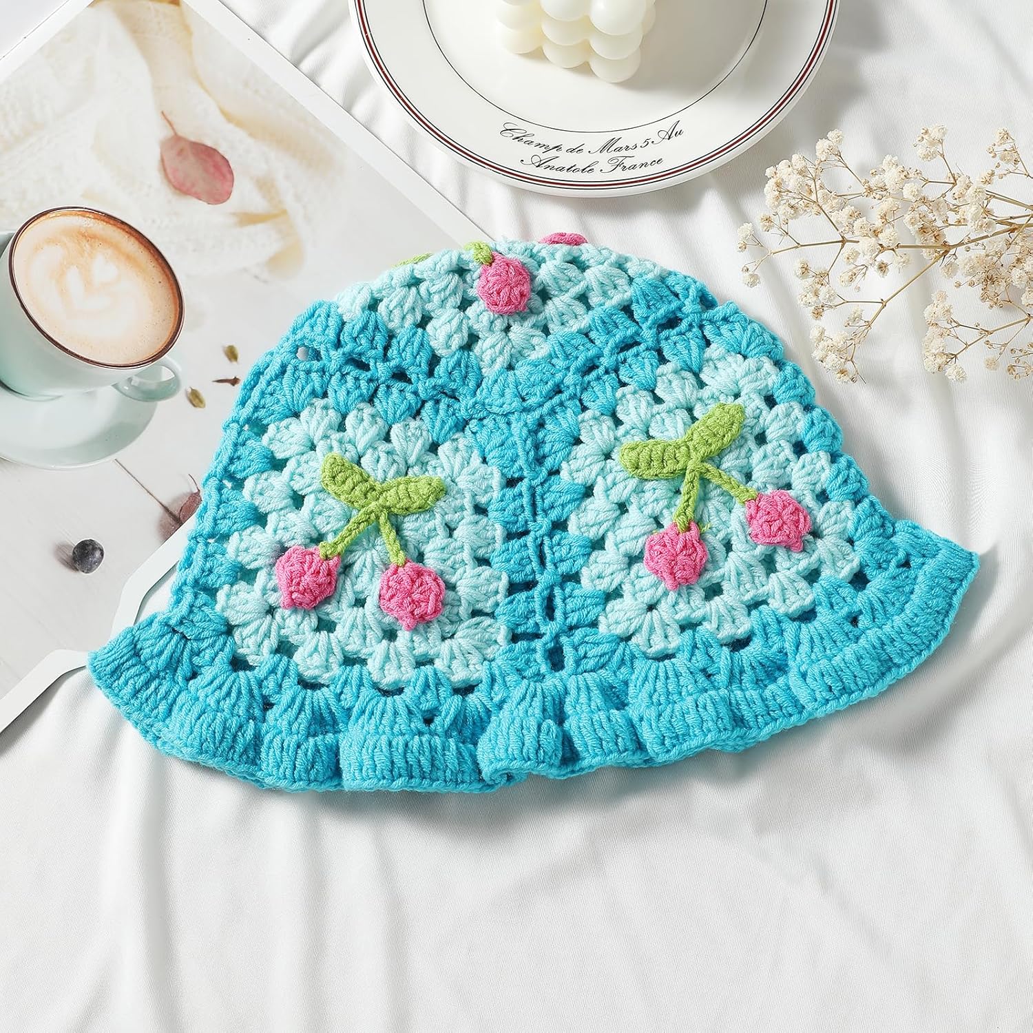 Fiewmay Crochet Bucket Hat for Women Handmade Floral Hat Portable Knitted Elastic Cute Beach Hat for Vacation Traveling - Image 6