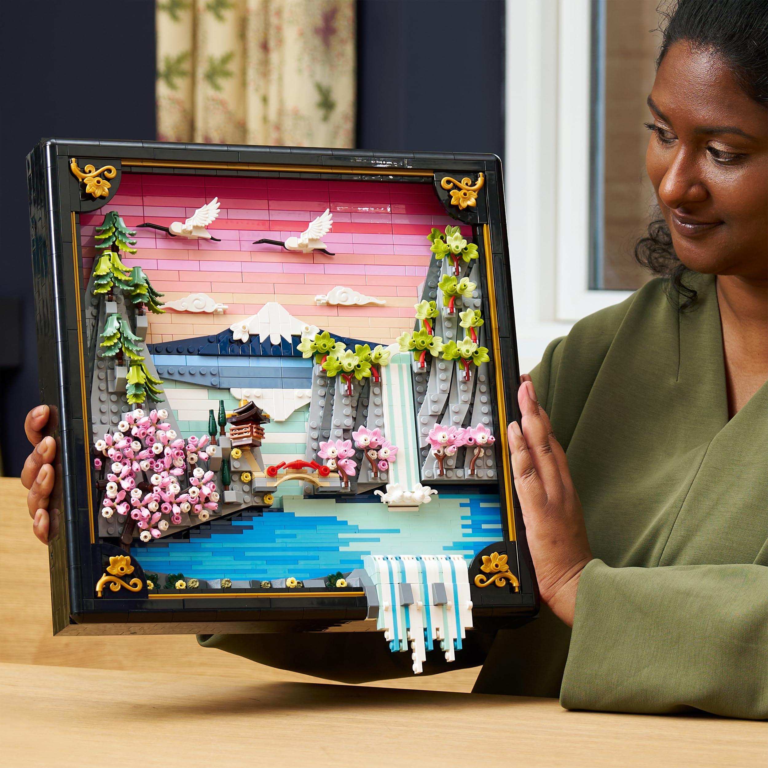 LEGO Art Japanese Cherry Blossom Landscape - DIY Miniature Model Kit for Adults - 3D Wall Art in Shadow Box Frame w/Mount Fuji, Sakura & Textured Waterfall - Gift Idea - 31218