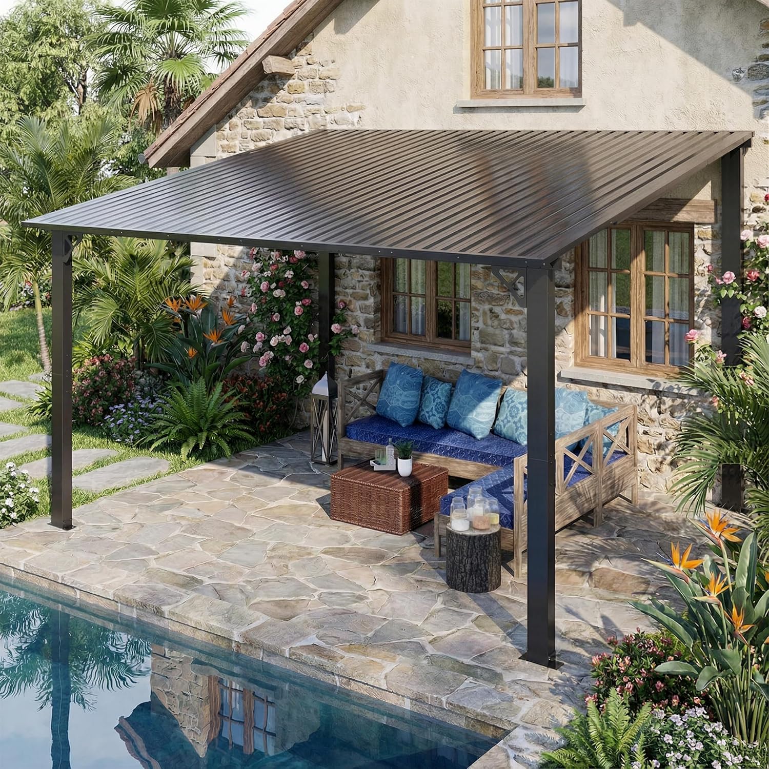 10'x12' Lean to Gazebo, Hardtop Pergola with Metal Roof, Wall Mounted Heavy Duty Canopy Awning for Backyard, Deck and More