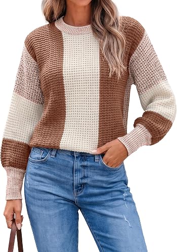 SunnyMelody Womens Sweater Crew Neck Puff Sleeve Caramel XL
