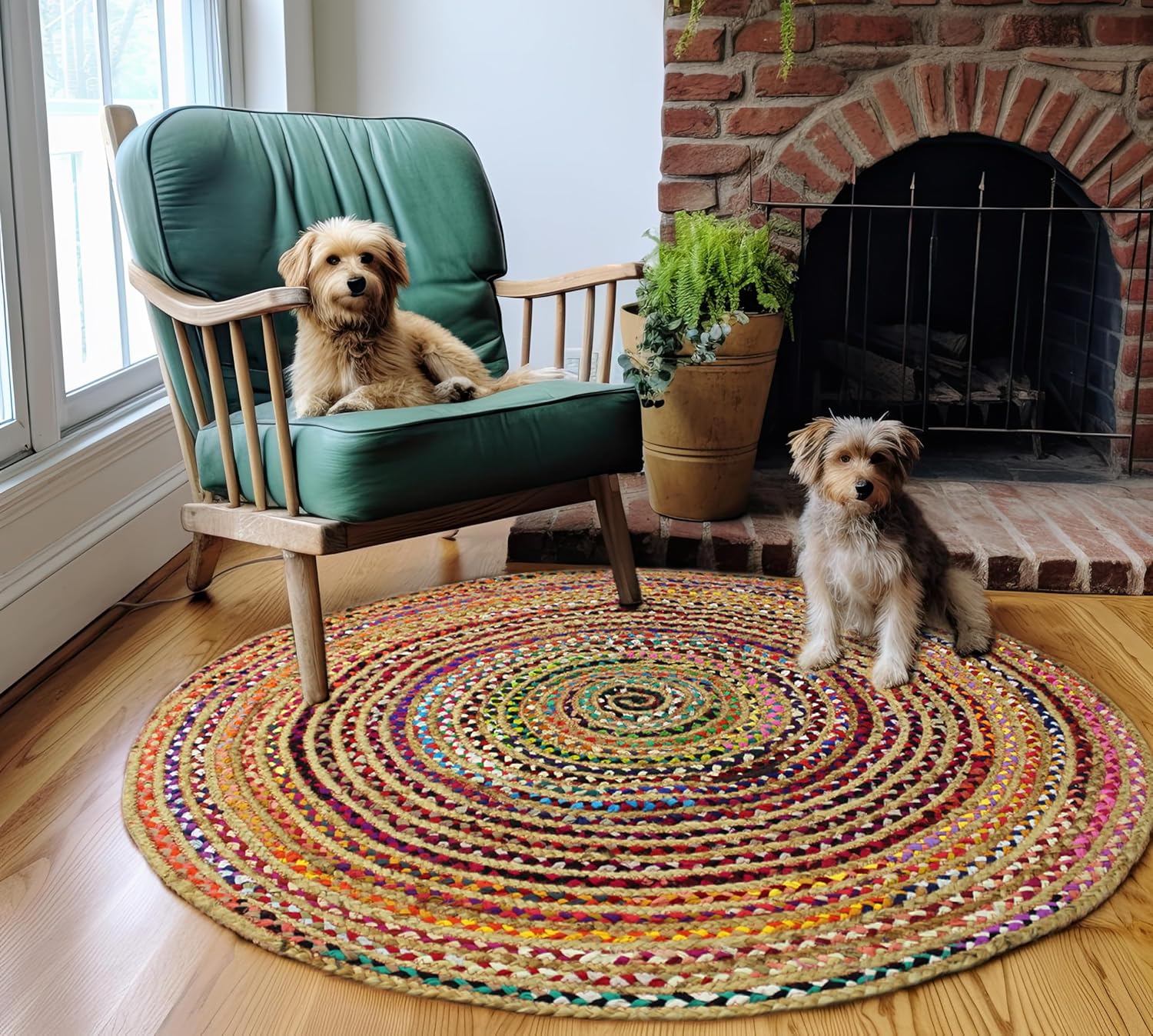 COTTON CRAFT Jute Chindi Braid Rag Rug - Boho Farmhouse Rustic Area Accent Throw Rug - Handwoven Reversible Natural Recycled Cotton - Living Room Den Study Home Décor Gift - 4 Feet Round - Multi Color