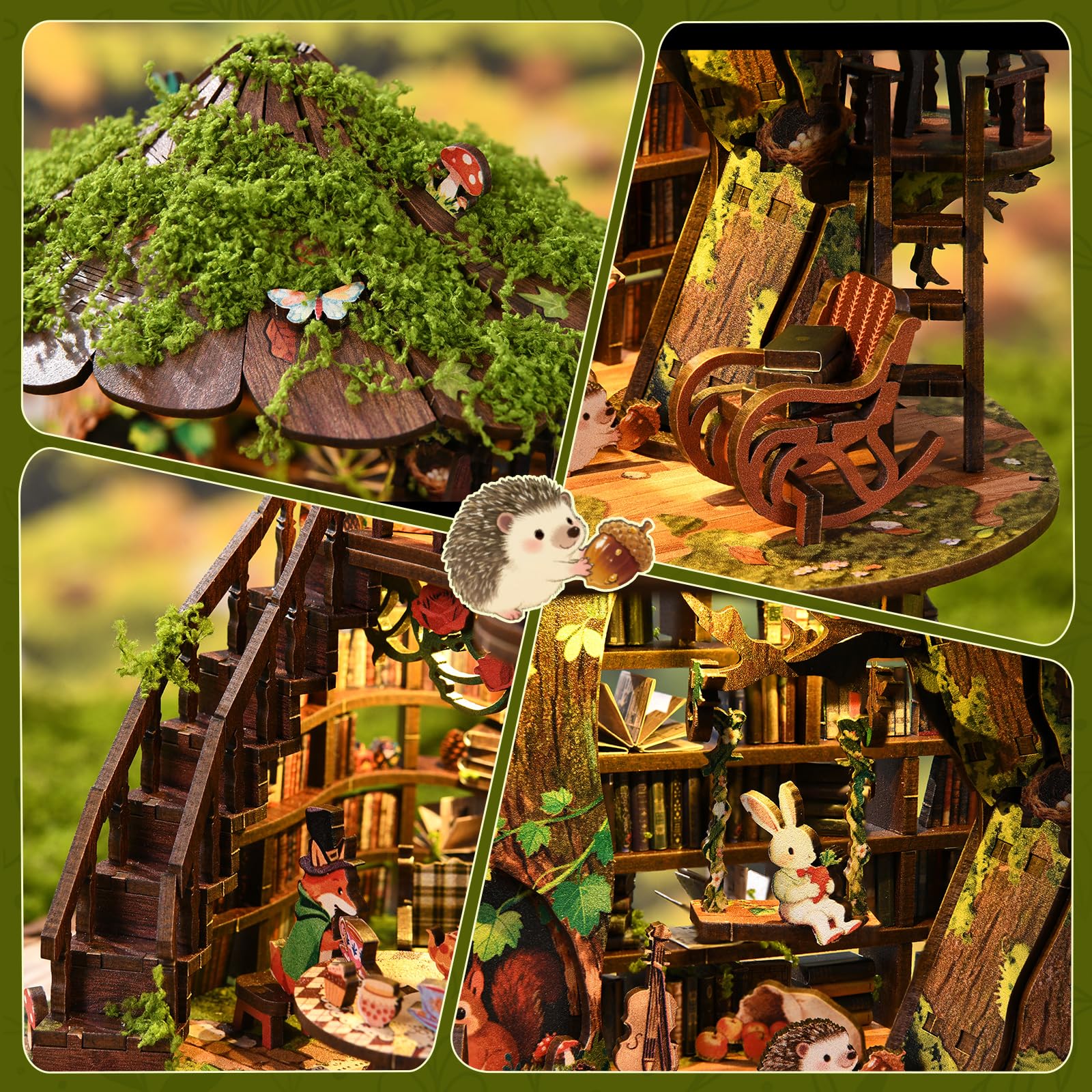 Traumwald book nook, drewniana podpórka do książek i puzzle 3D z oświetleniem LED, zestaw do majsterkowania dla dorosłych, mini book nook (Forest Tea Buchclub)