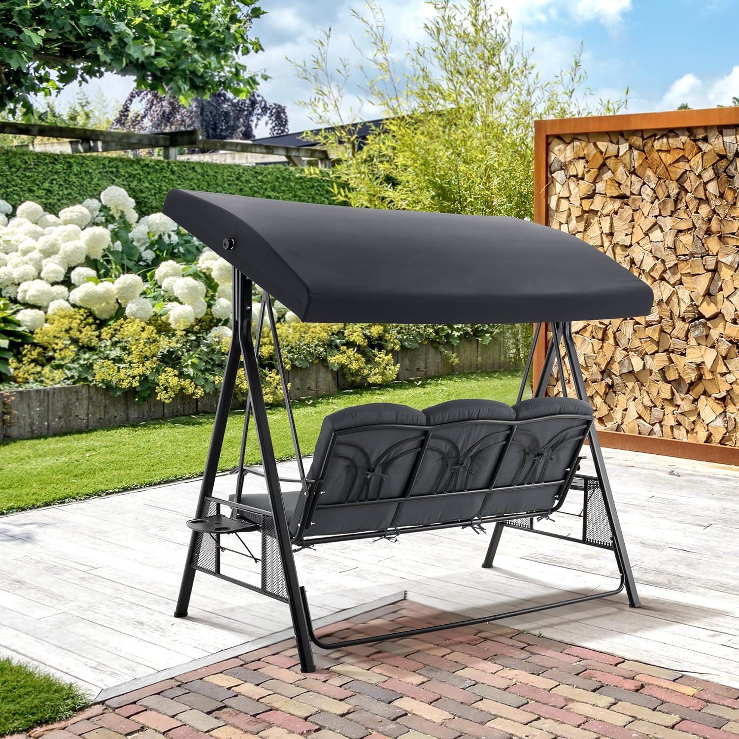 Macrout 3 Seat Patio Swings with Adjustable Canopy, Outdoor Porch Swing Chair with Stand for Backyard, Poolside, Balcony 4092