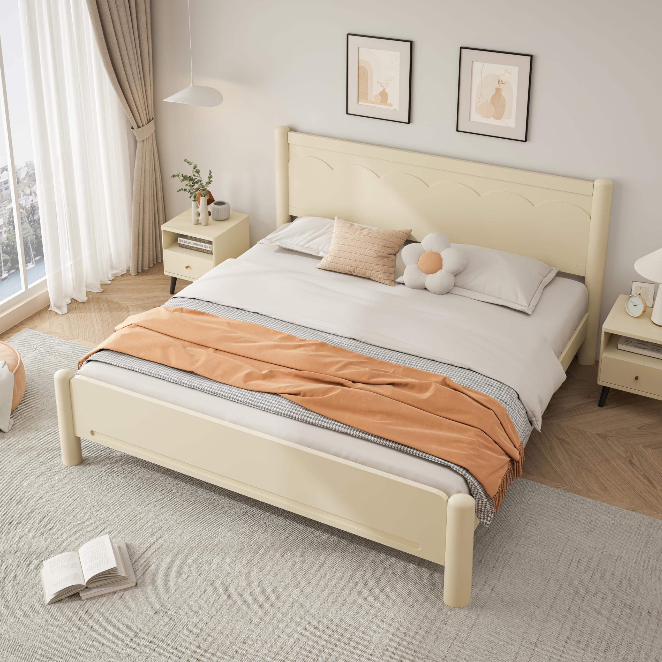 Beige King Size Bed Frame King Bedframe No Box Spring Needed Wooden Bed Frames Beds Frames with Headboard
