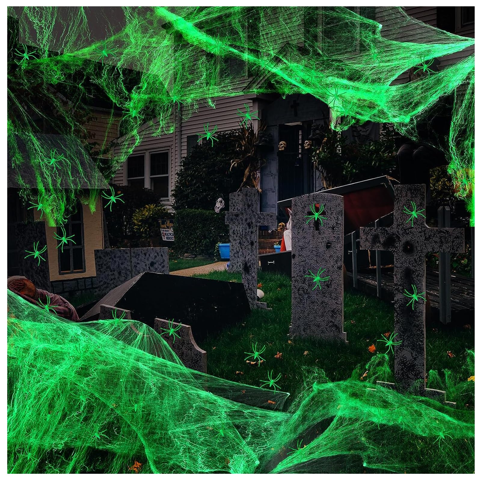 OYDAS Halloween decorations 1200 sqft Spider Webs with 60 Plastic Fake Spiders Spooky Haunted House Yard Lawn Patio Home Tree Creepy Scene Props Indoor Outdoor Decor (Glowing)