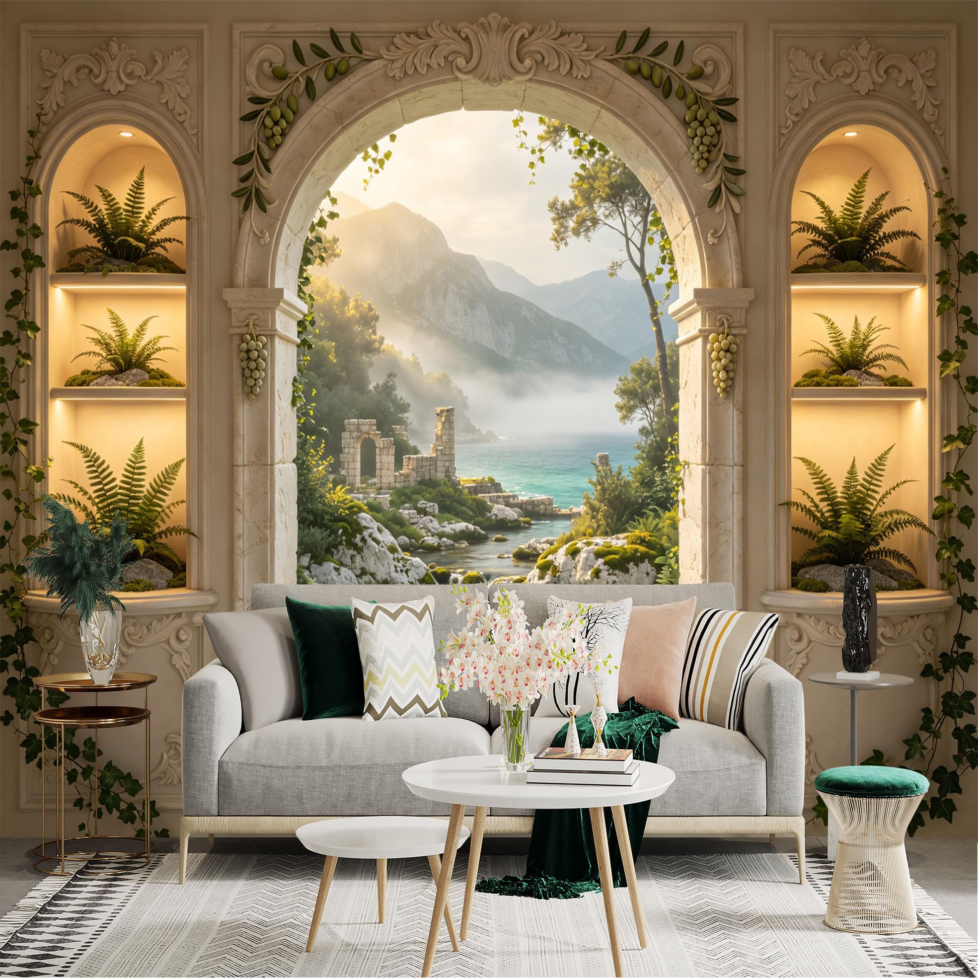 Custom Size Wall Sticker Mural， Mediterranean Arch View with Ocean， Mountains and Ruins， for wall Decoration， peelandstick wall Decals.