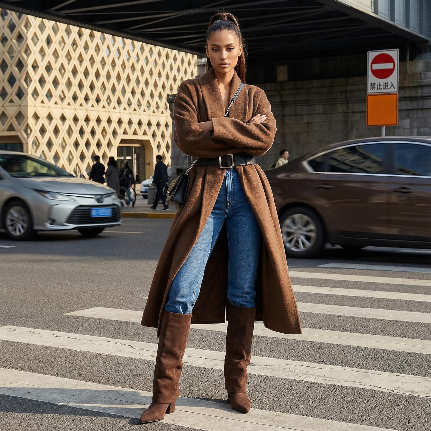 Vaslemuse Knee High Boots for Women Fold Over Pointed Toe Shark Tall Boots Block Low Heel Long Boots with Side Zipper