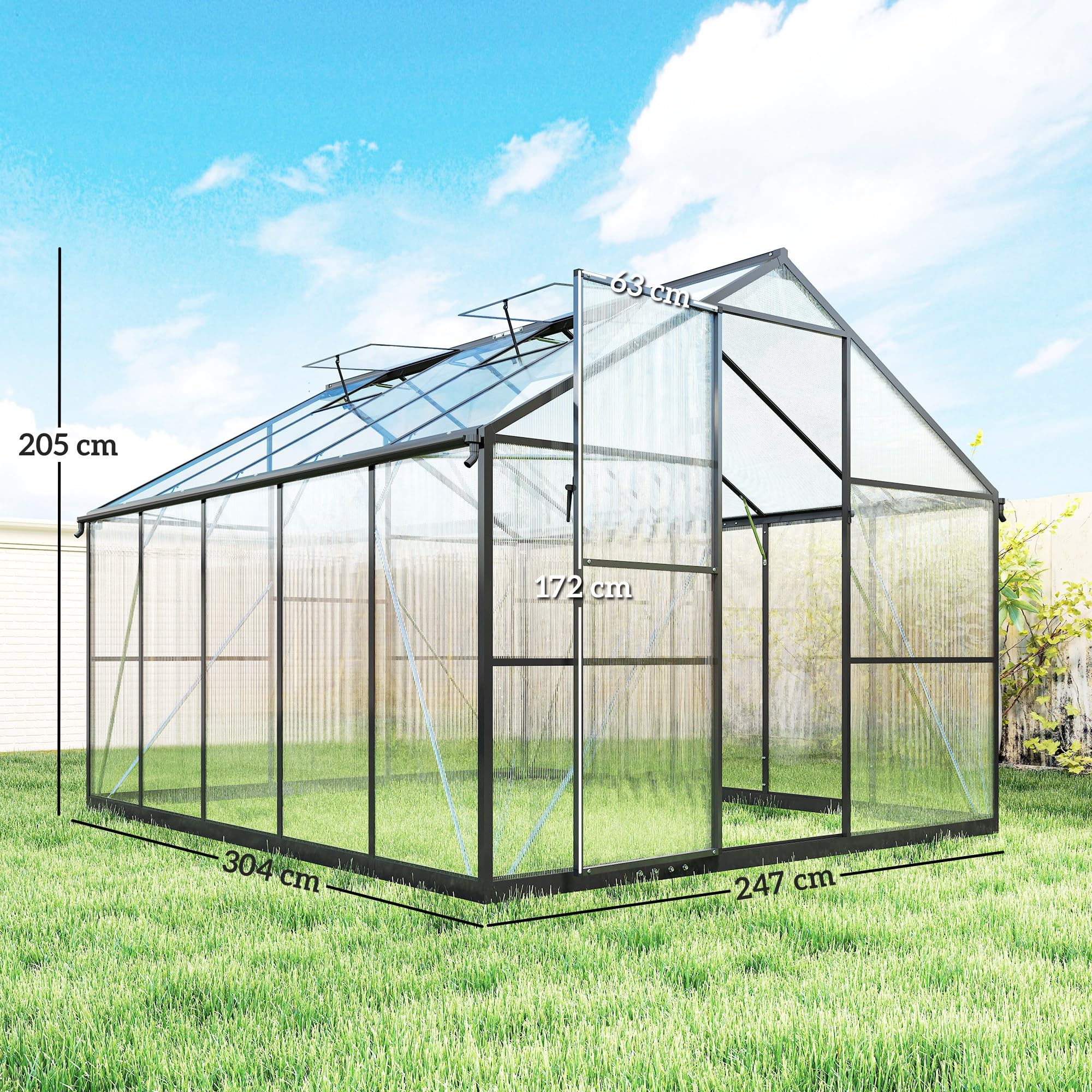 Outsunny Serra da Giardino Policarbonato con Grondaie 304x247x205cm Nero | 7.5㎡, Telaio in Lega di Alluminio, Serra per Orto, 2 Finestre a Tetto Regolabili, Porta a Battente, Anti UV, per Piante