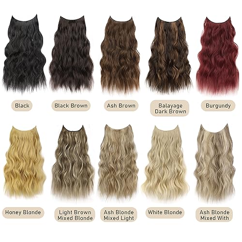 Miniatura 8 de AISI BEAUTY Extensión de cabello grueso de alambre invisible marrón ceniza con 4 clips seguros, extensión larga ondulada con diadema ajustable