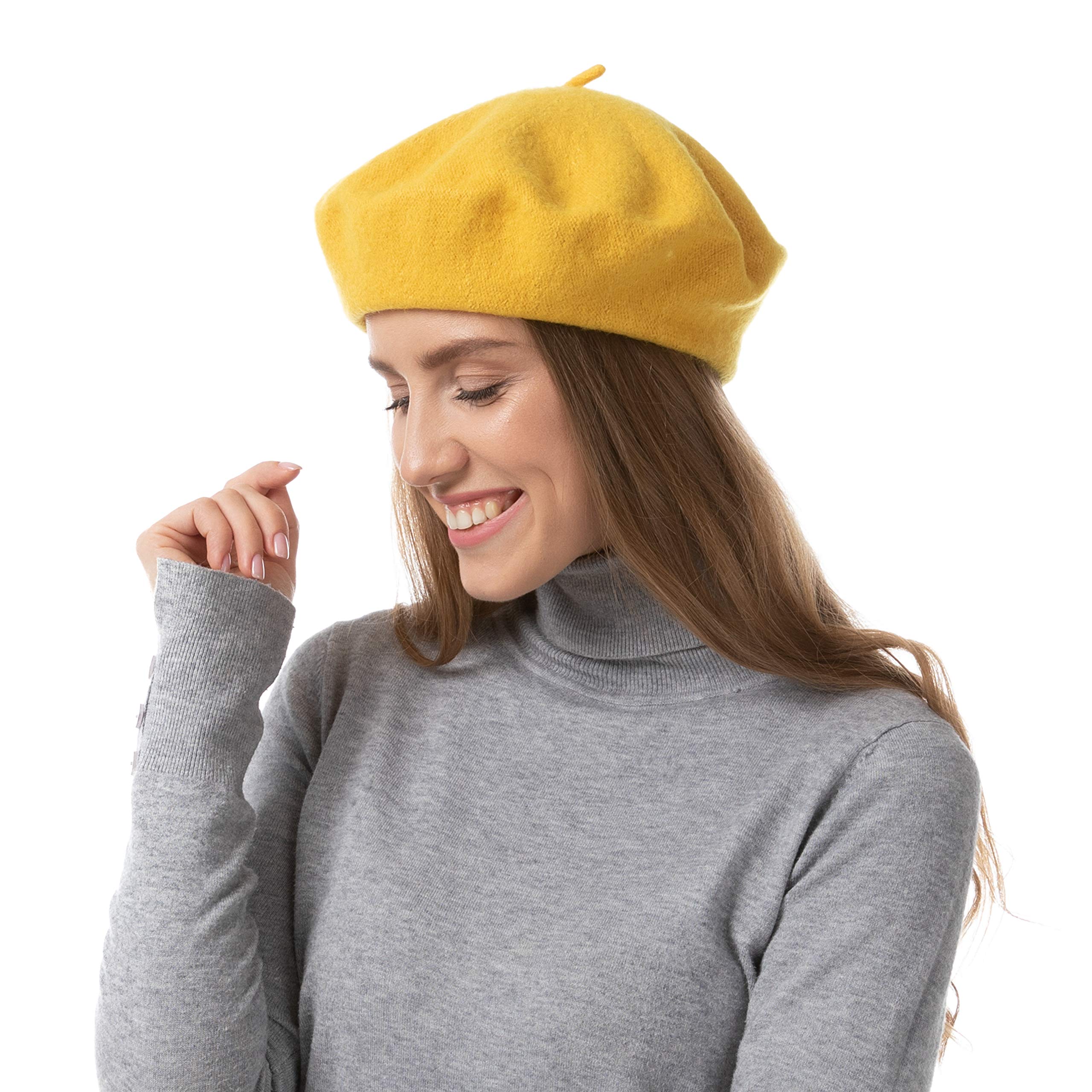 French Style Solid Color Wool Berets Beanies Cap Hats Vintage Hat (Mustard)