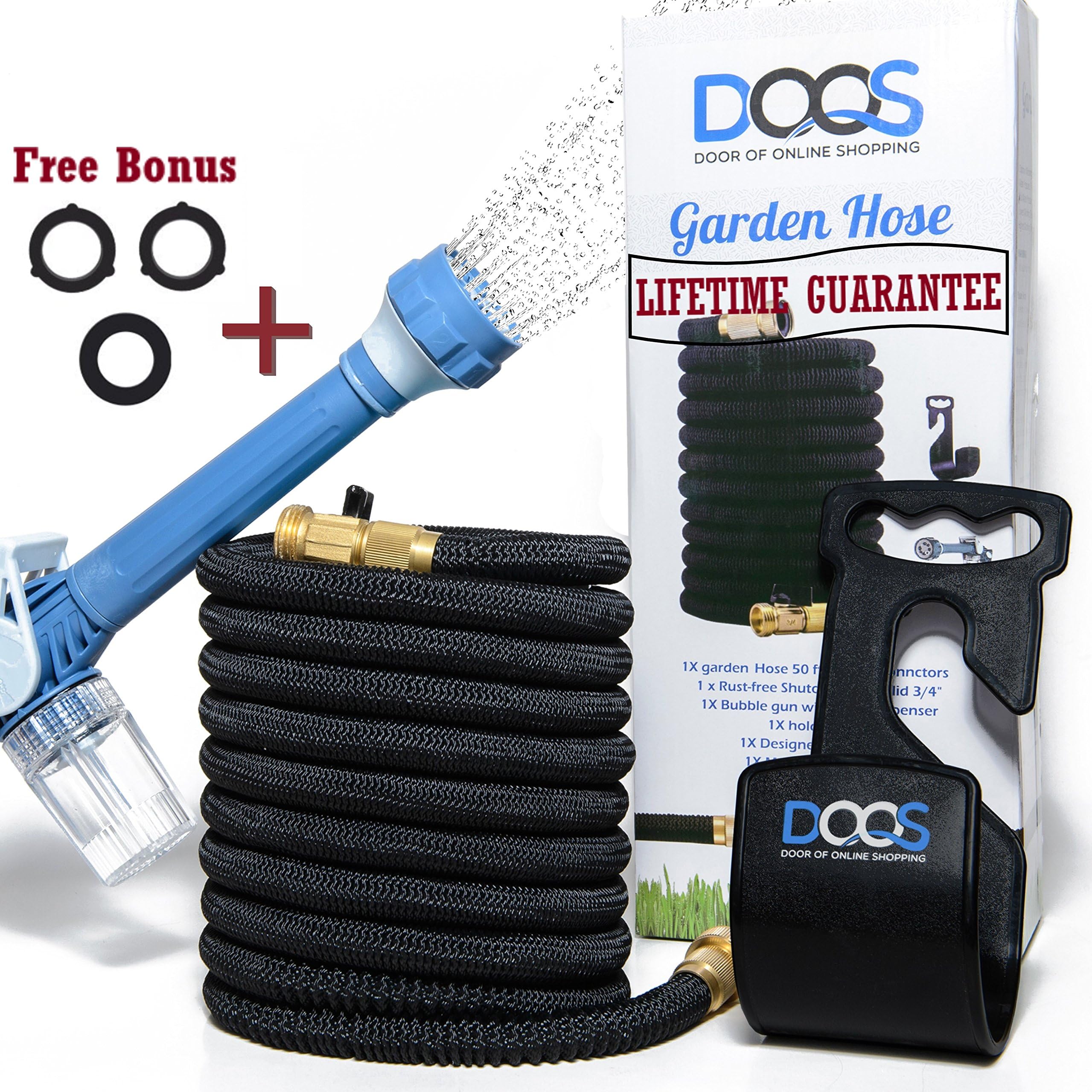 50 Ft Expandable Garden Water Hose Reel Retractable with Extra Spray Nozzle, High Pressure and Soap Dispenser - (Expanding X3 Reel Brass), Perfect for Gardening, Watering Plants, Lawn and More by DooS
