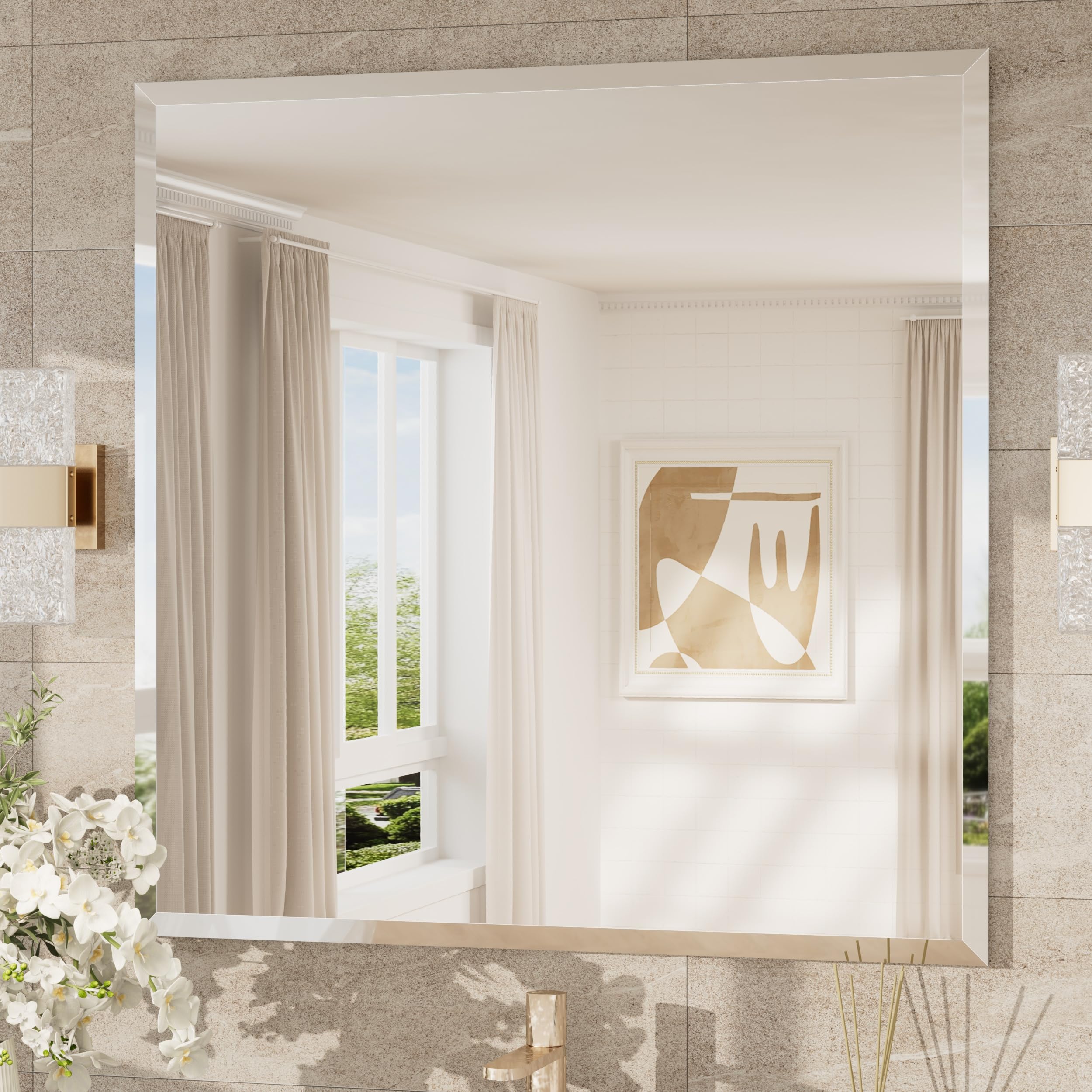 Keonjinn Frameless Bathroom Mirror 90x90cm, Wall Mounted Mirror With Bevelled Edge Design, Rectangular Vanity Mirror for Bathroom, Hallway, Living Room — image 1