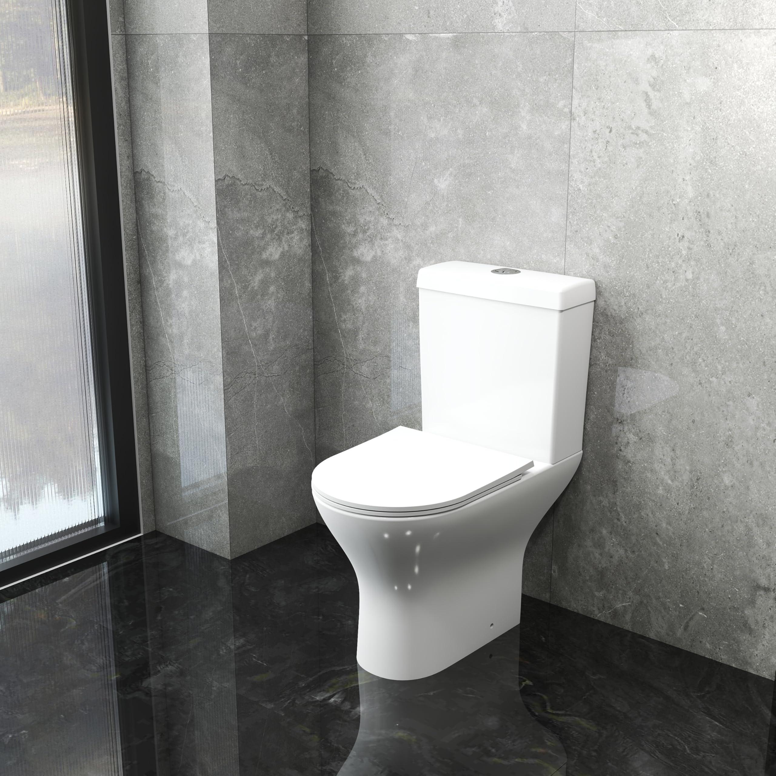 SLINE Modern Close Coupled Toilet Round White Pan with Slim Soft Close Seat