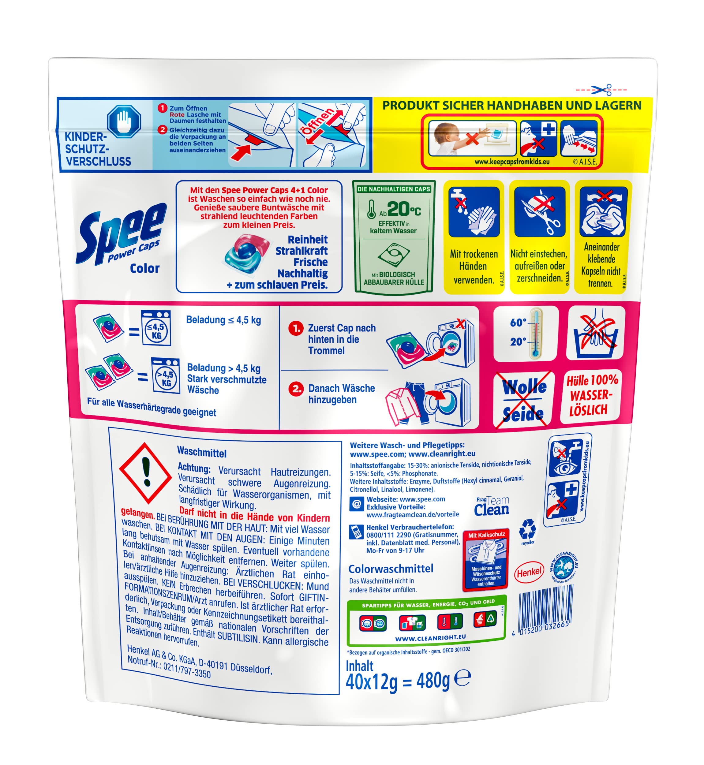 Spee Power Caps Color 4 + 1 320 WL (8 x 40 Waschladungen), Colorwaschmittel für Buntwäsche & Dunkles, vordosiertes Waschmittel vereint Reinheit, Strahlkraft, Frische & Nachhaltigkeit
