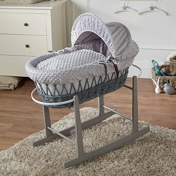 For Your Little One Wicker/Pod Moses Basket Hand-woven Natural, Hypoallergenic Mattress/Deluxe Design/Quilt, Bedding And Rocking Stand - Grey Dimple, Wicker Moses Basket