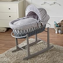 For Your Little One Wicker/Pod Moses Basket Hand-woven Natural, Hypoallergenic Mattress/Deluxe Design/Quilt, Bedding And Rocking Stand - (Grey Dimple, Wicker Moses Basket)