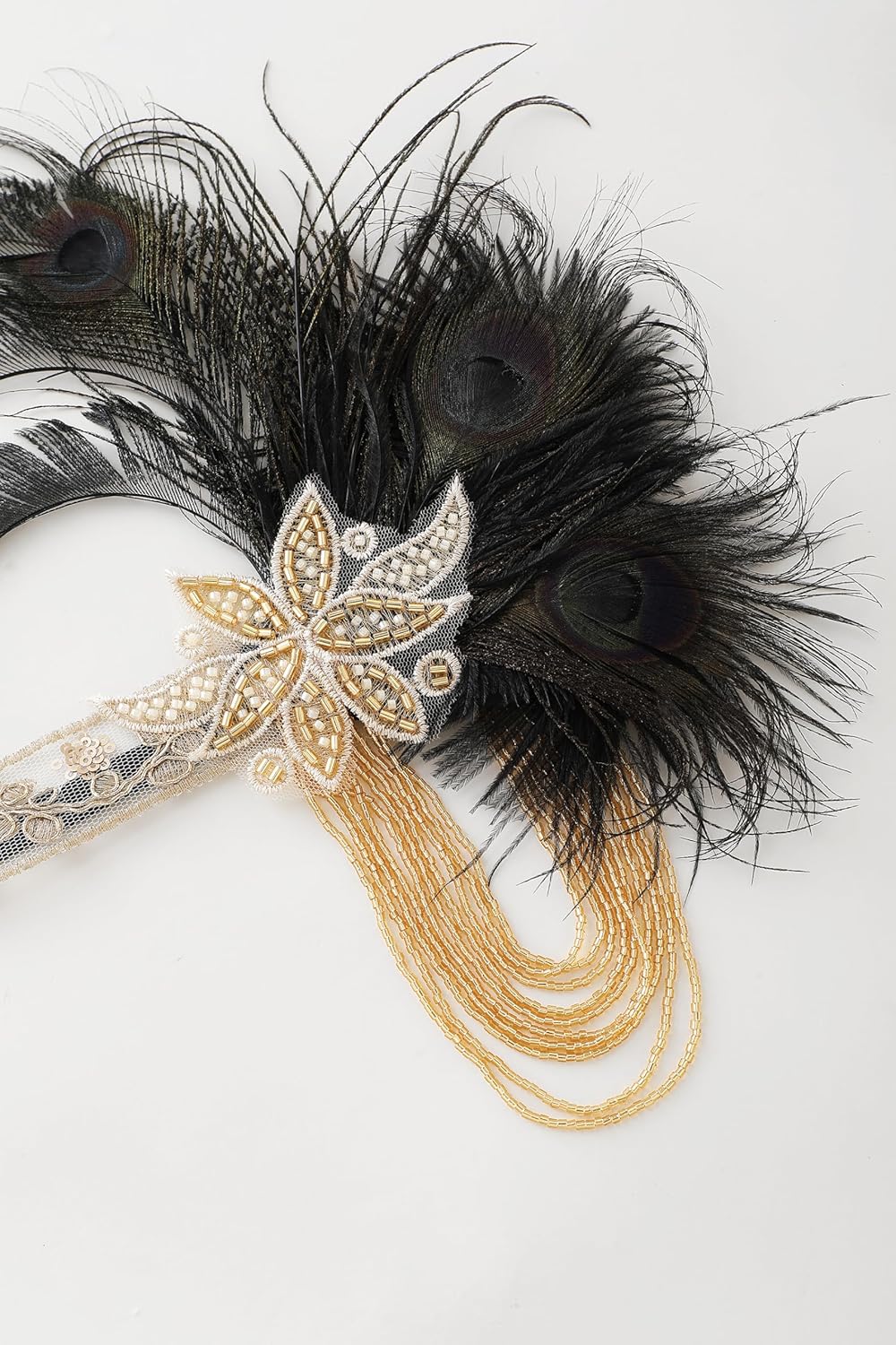 BABEYOND Flapper Headpiece for Women - 1920s Headband Roaring 20s Gatsby Accessories Peacock Feather Tassel Chain(Black) - Image 2