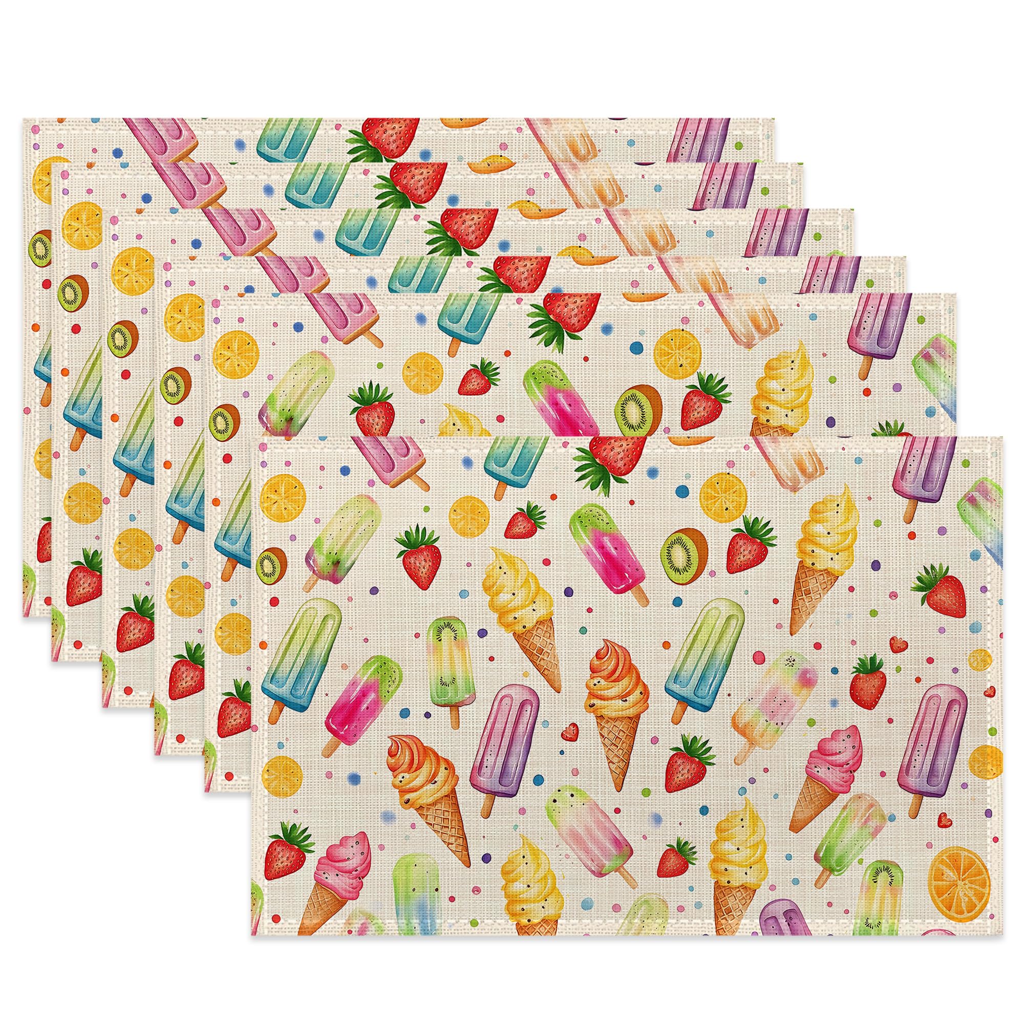 Summer Ice Cream Cloth Placemats,Fruits Popsicle Heat-Resistant Table Placemats Set of 6, Washable Linen Place Mats for Dining Room Table Decor Home Restaurant Cafes Holiday Party 11.8x17.7 Inch