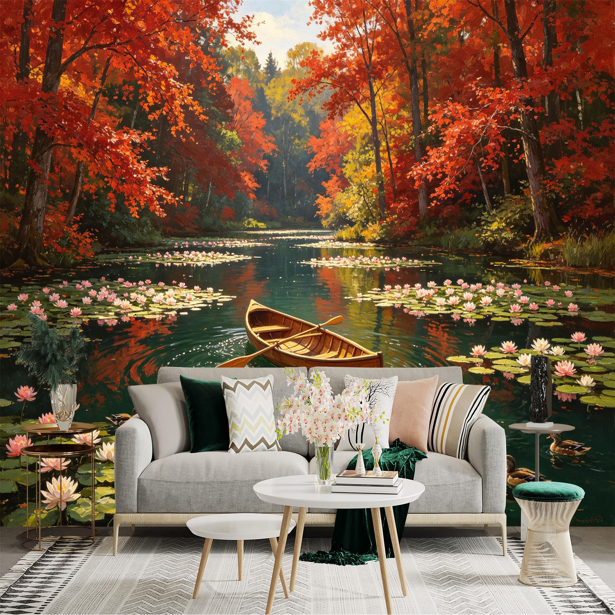Custom Size Wall Sticker Mural， Autumn Forest with Calm Lake， Wooden Rowboat， Beautiful Water Lilies and Wild Ducks， for wall Decoration， peelandstick wall Decals.