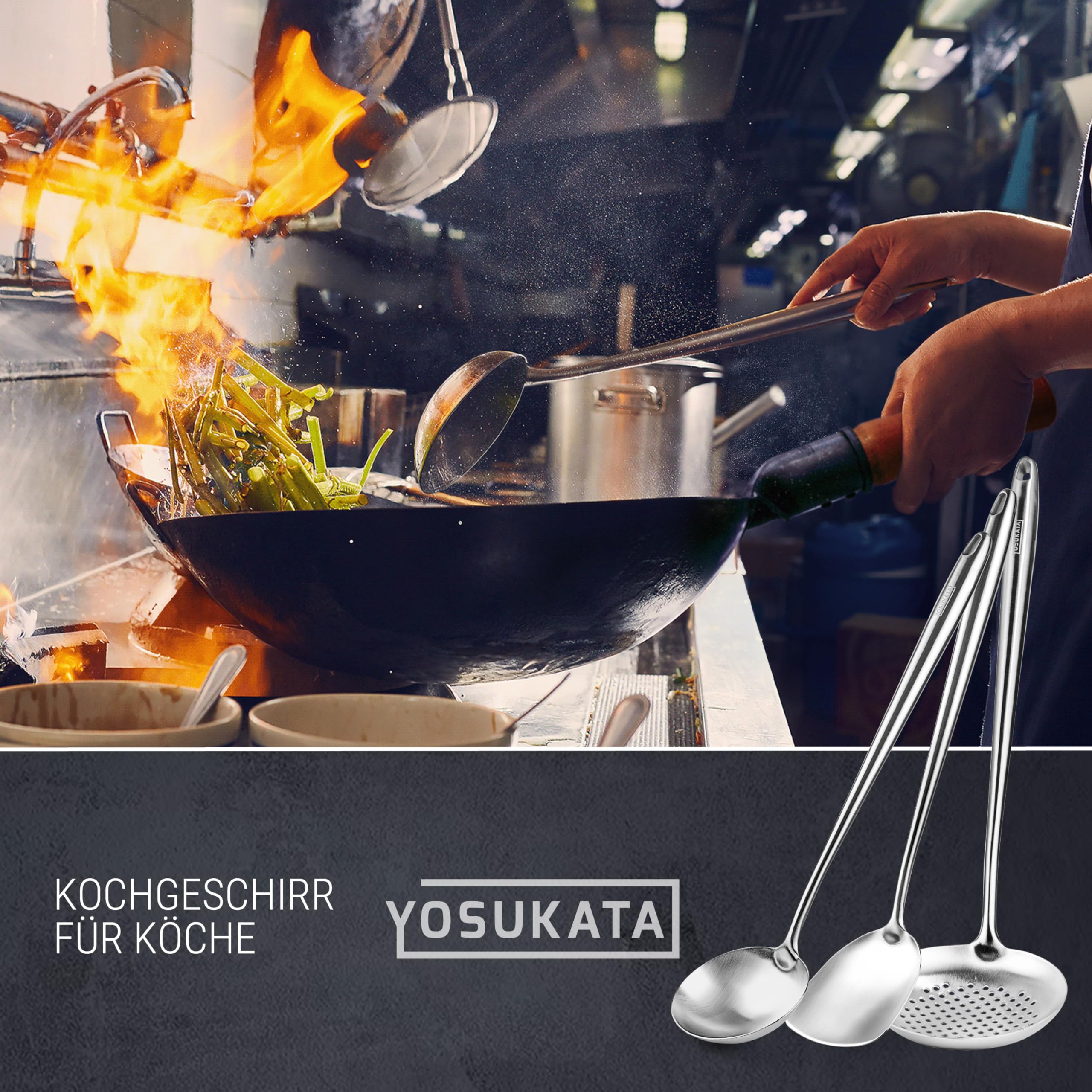 YOSUKATA Wok Schöpflöffel Schaumlöffel und Pfannenwender Edelstah 43 cm- Küchenhelfer Set Edelstahl 304- Schaumkelle - Spachtel Küche - Suppenkelle Edelstahl - Spülmaschinenfester Wok-Zubehör