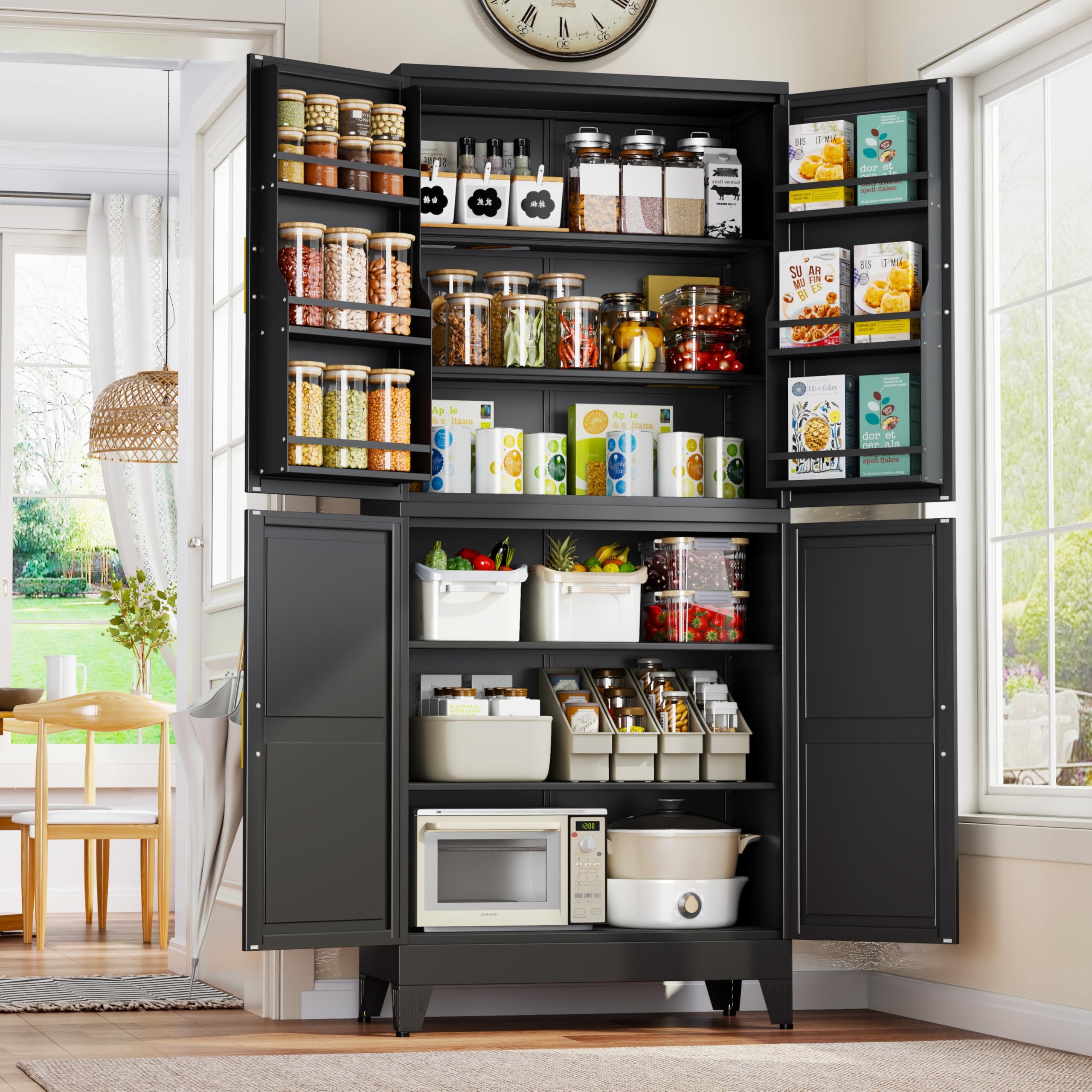 GAIOUS 74.8" Tall Metal Food Cabinet, Black Kitchen Pantry Cabinet Cupboard