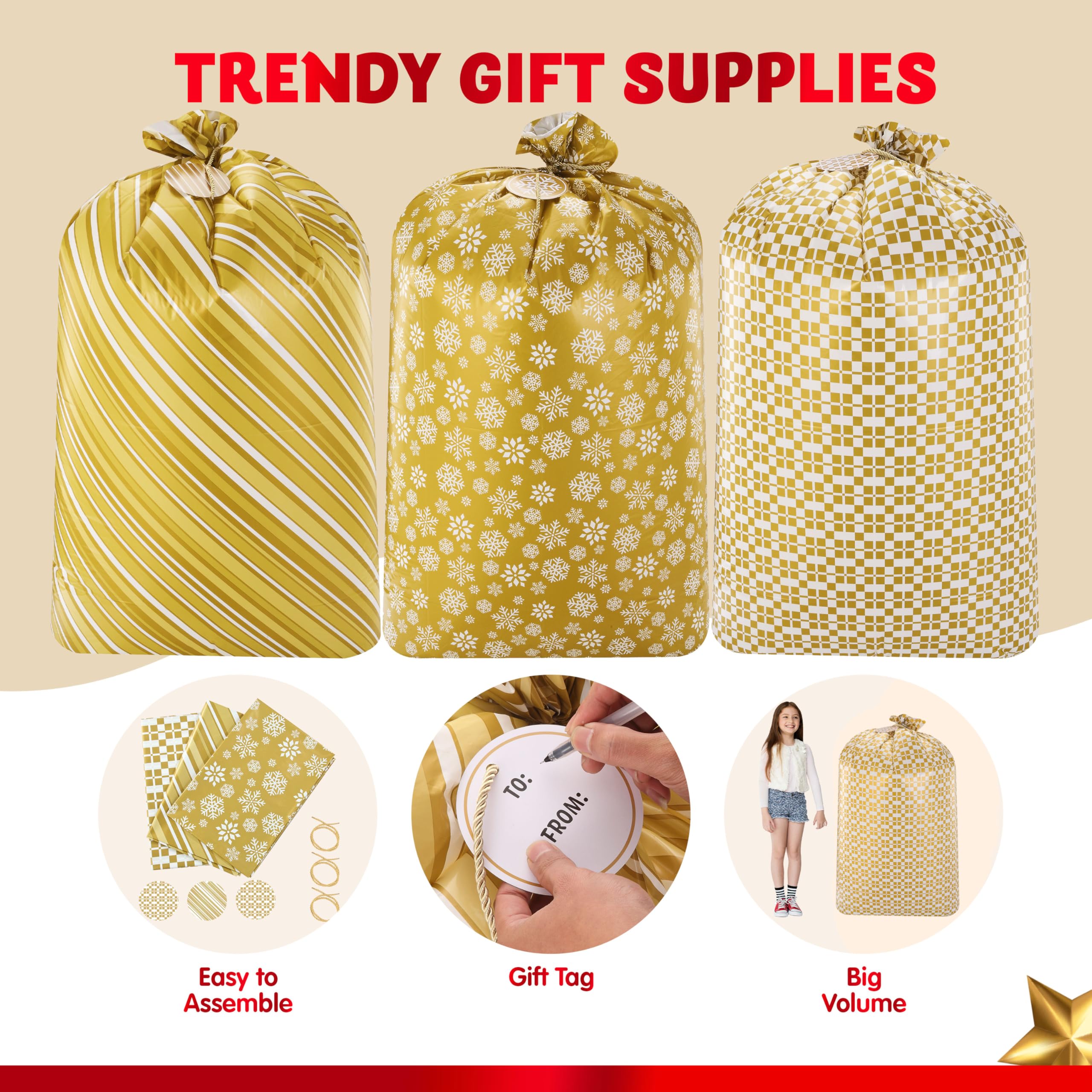 3 Stück Übergroße Gold Plastikgeschenktüten für Weihnachten mit Geschenkanhängern, Große Geschenktüten für Weihnachten 142cm x 91cm, Party Favors Supplies, Geschenkverpackungen