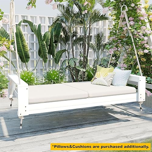 Miniatura 9 de Merax Silla de porche para patio, cama con columpio de 3 asientos para exteriores con toldo ajustable, cojín grueso, almohada y bandeja lateral