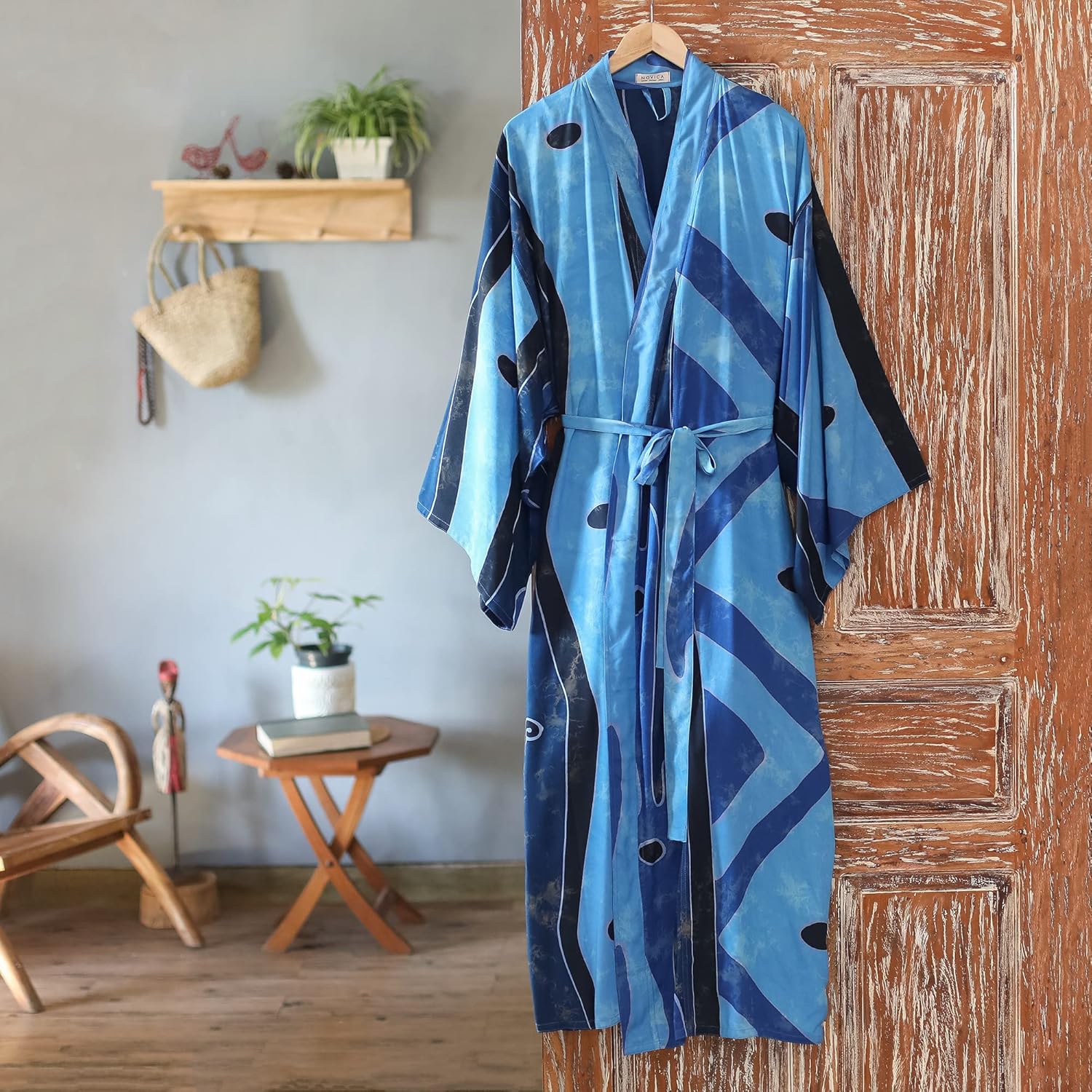 NOVICA Artisan Hand-Painted Long Kimono Patterned Robe with Pockets for Women Lightweight Loungewear from Indonesia 'Tropical Sea' - Image 3