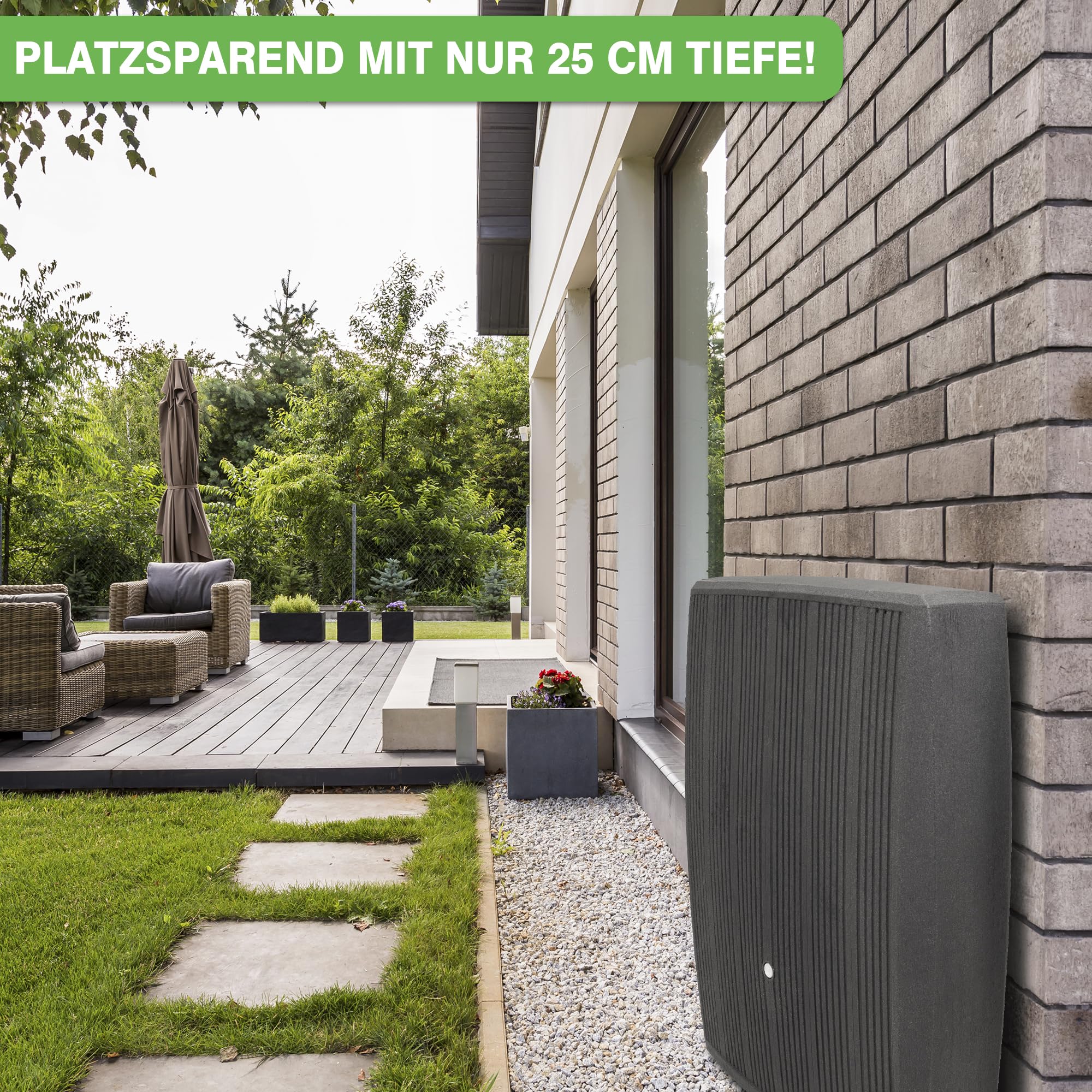 YourCasa Regentonne 200 Liter [DualStyle] Eckig und Schmal mit Metallgewinde - Regenfass Frostsicher aus Kunststoff - Regenwassertonne - Regenwassertank Garten Wassertank Regensammler