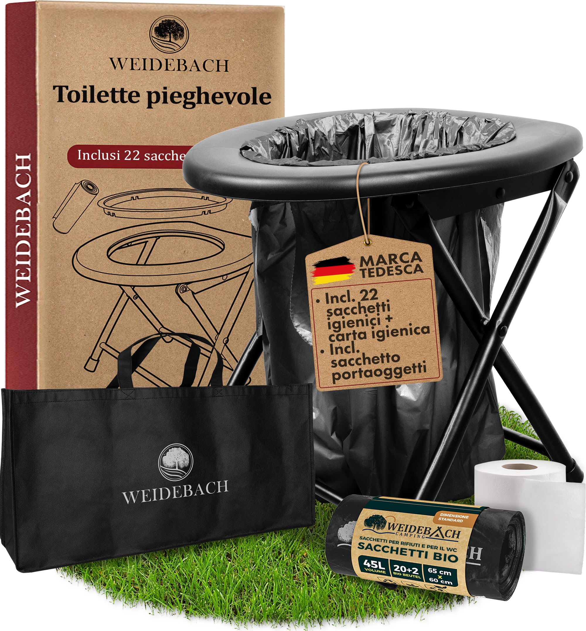 WEIDEBACH® WC da campeggio stabile e leggero, WC pieghevole facilmente trasportabile con 22 sacchetti inclusi, ideale per il campeggio, le escursioni in moto, WC pieghevole.