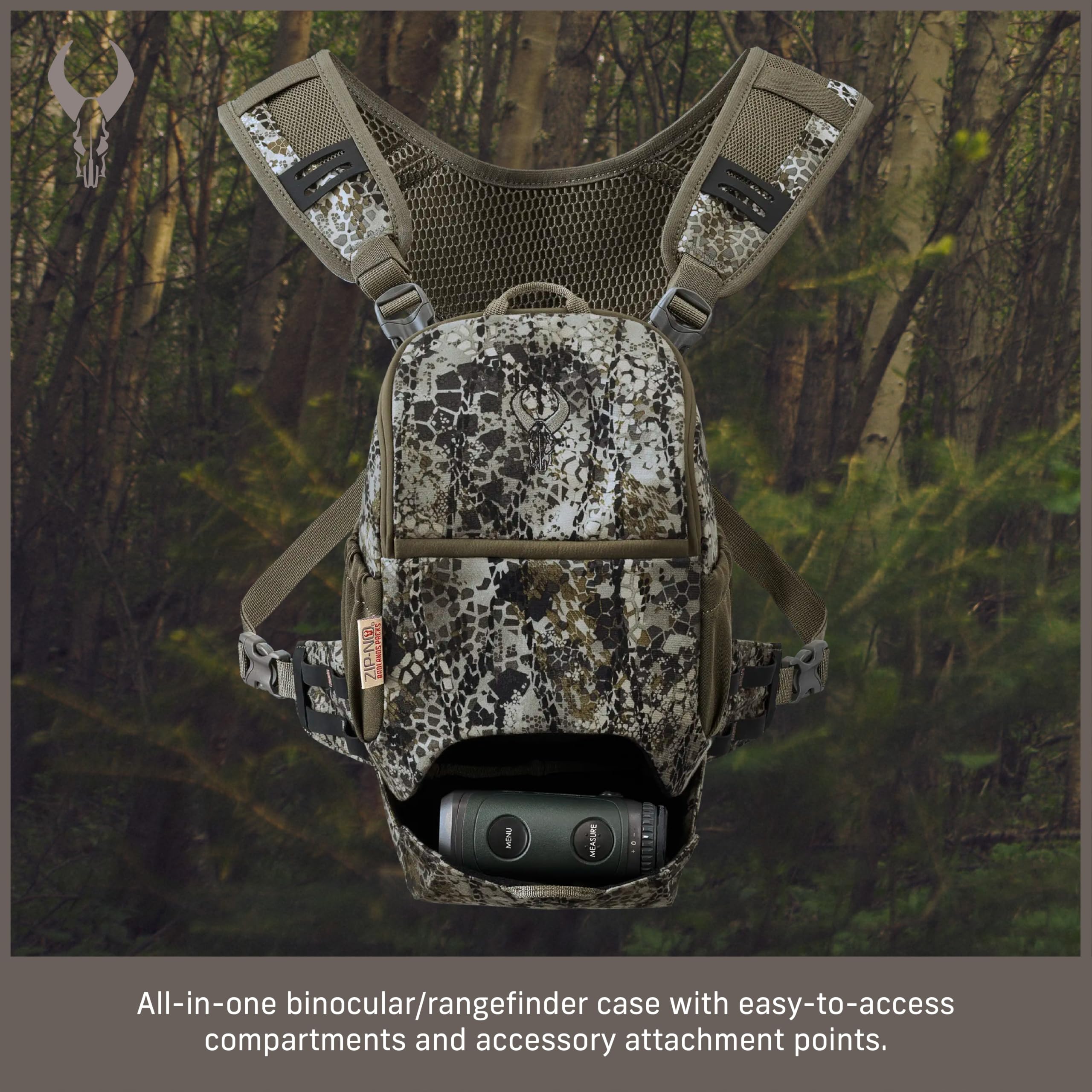 Badlands Bino XR Pro Étui pour jumelles avec harnais d'épaule à quatre points, fermeture magnétique, compartiment télémètre, crochet pour arc pour la chasse et les aventures en plein air, olive