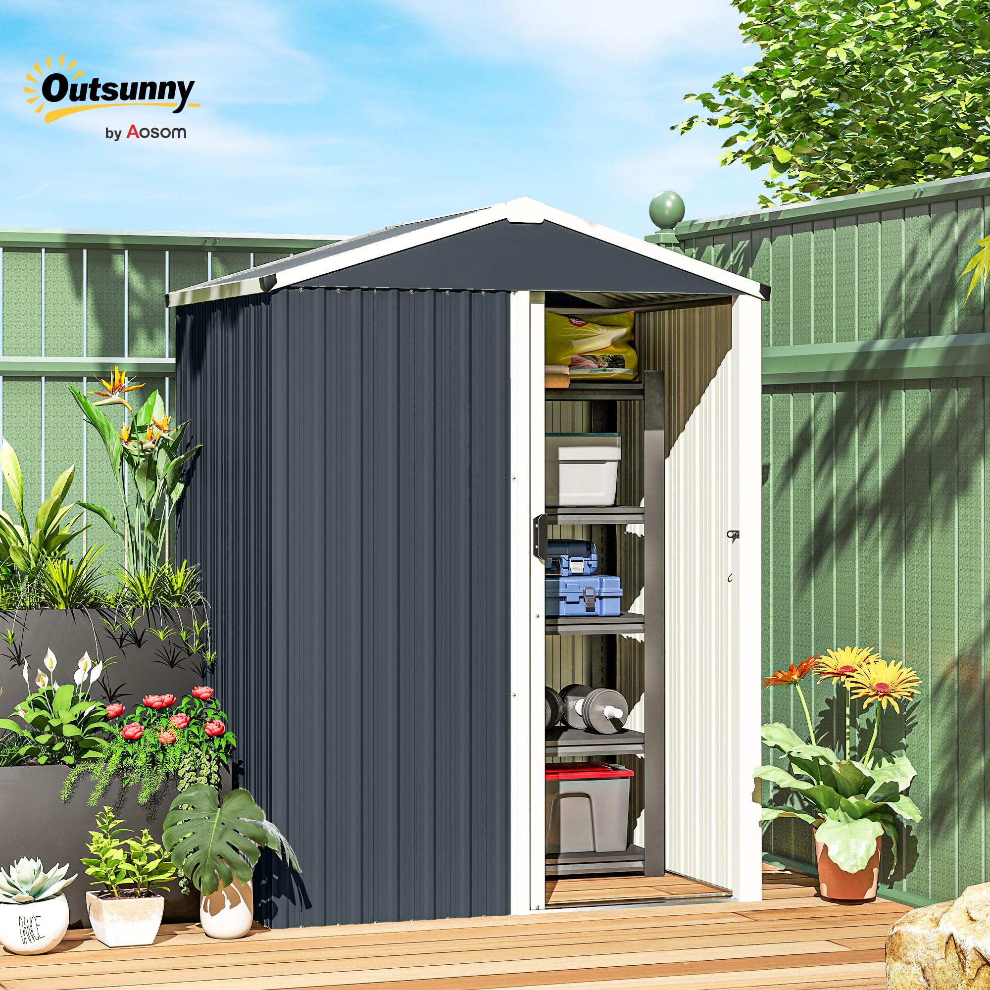 Outsunny 4.5 x 3ft Outdoor Storage Shed, Waterproof Metal Garden Shed with Gloves, Lockable Sliding Door and Pitched Roof for Backyard, Patio, Lawn, Poolside, Dark Grey - 2