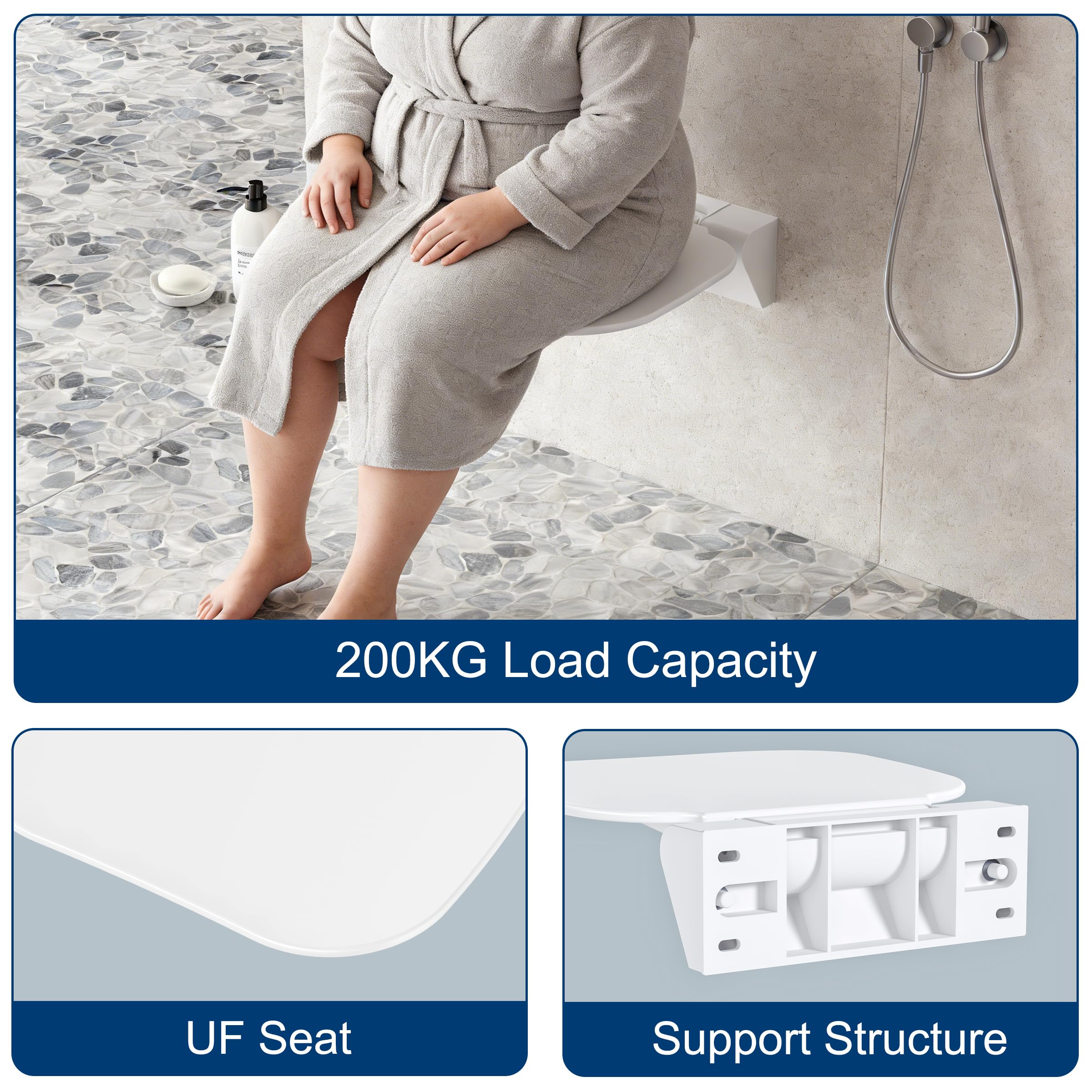 Asiento de ducha plegable montado en la pared, silla de ducha plegable, soporta hasta 200 kg, con UF, asiento de ducha extraancho para personas mayores, taburete antideslizante para ducha, 40