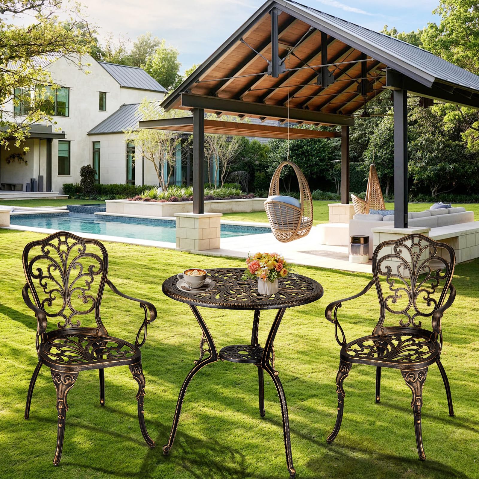 3-teiliges Bistro-Set aus Aluminium-Druckguss – Tisch mit Sonnenschirm-Portal – 2 Stühle wetterfest – ideal für Garten, Terrasse, Balkon, Pool – Farbe Bronze