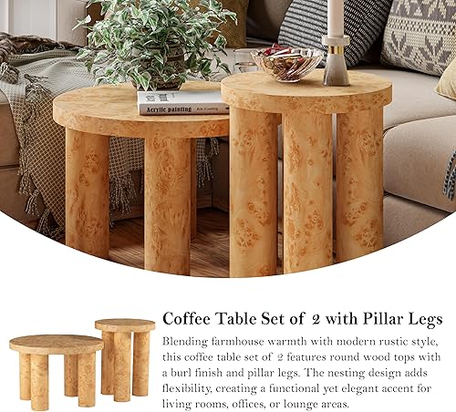 Miniatura 4 de Juego de 2 mesas de centro redondas de madera de granja con acabado de chapa burl, mesas anidables rústicas modernas con patas de pilar para sala de