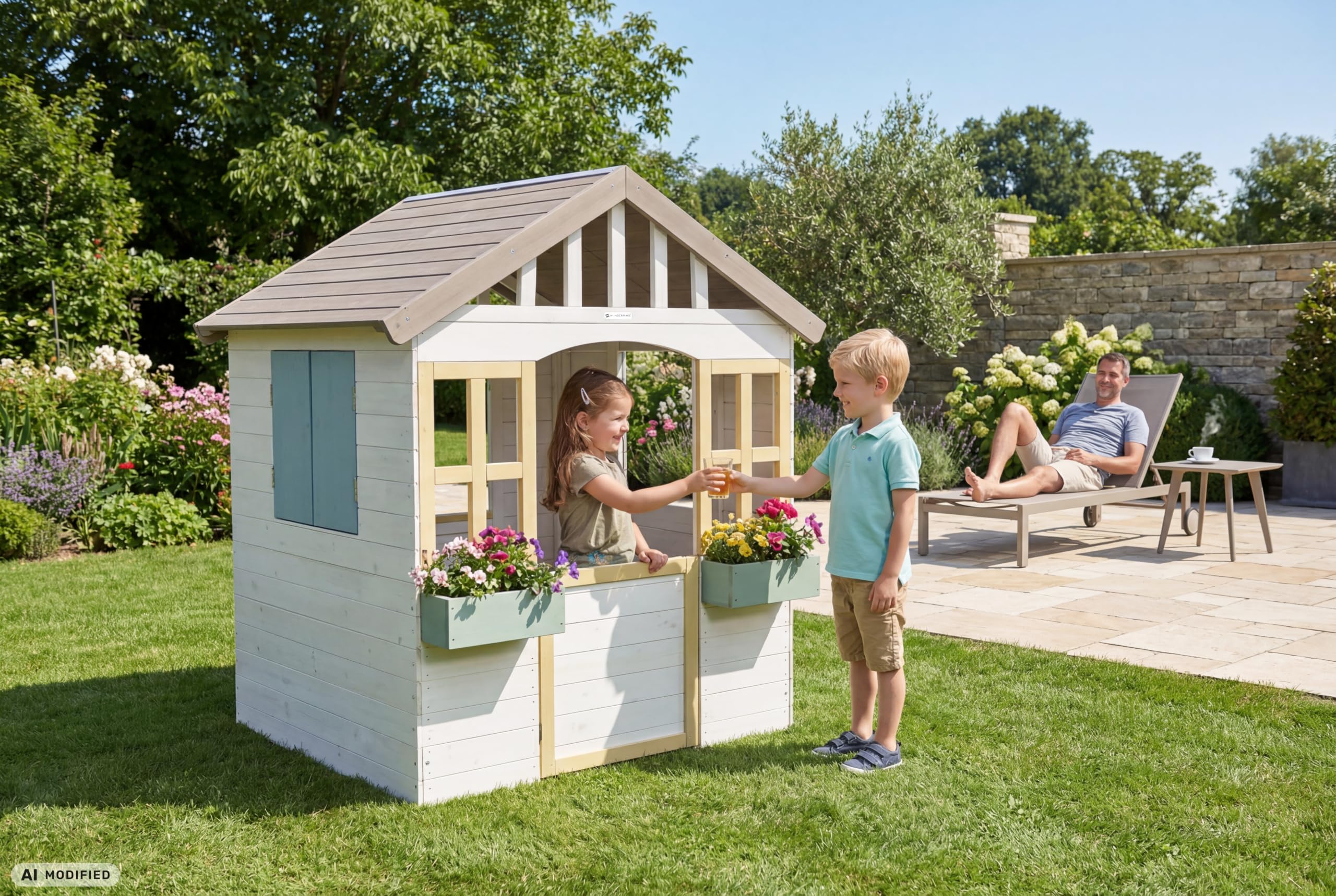 Design Kinder Spielhaus Holz mit 2 Pflanzkästen und magn. Tür + Fenster, Kinderspielhaus ab 3 Jahre Garten Outdoor draußen wetterfest klein hoch, Gartenhaus 115x101x130 cm, weiß grau bunt