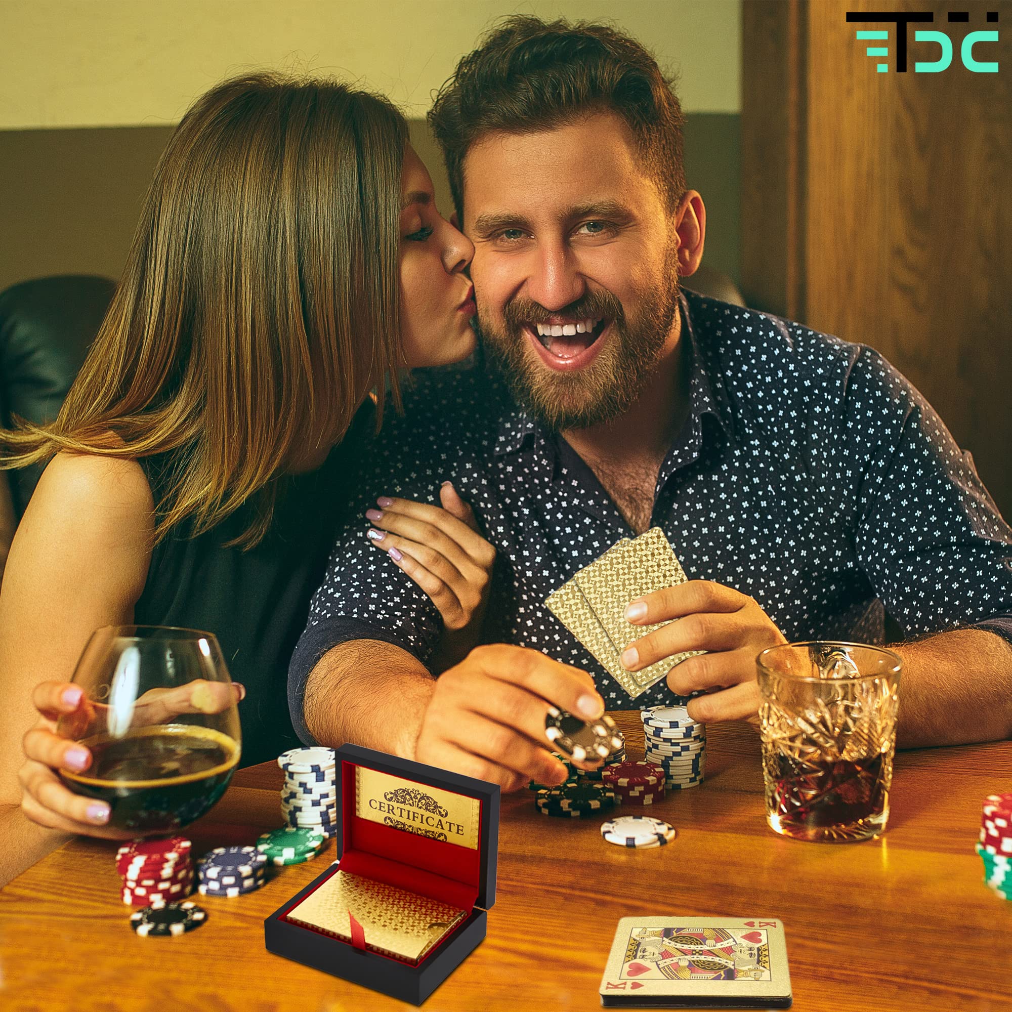 Cartas Poker. Baraja Poker Juego de Mesa con Caja Madera. Baraja de Cartas Poker Impermeable. Baraja Poker Doradas, Oro. (Gold+Box)