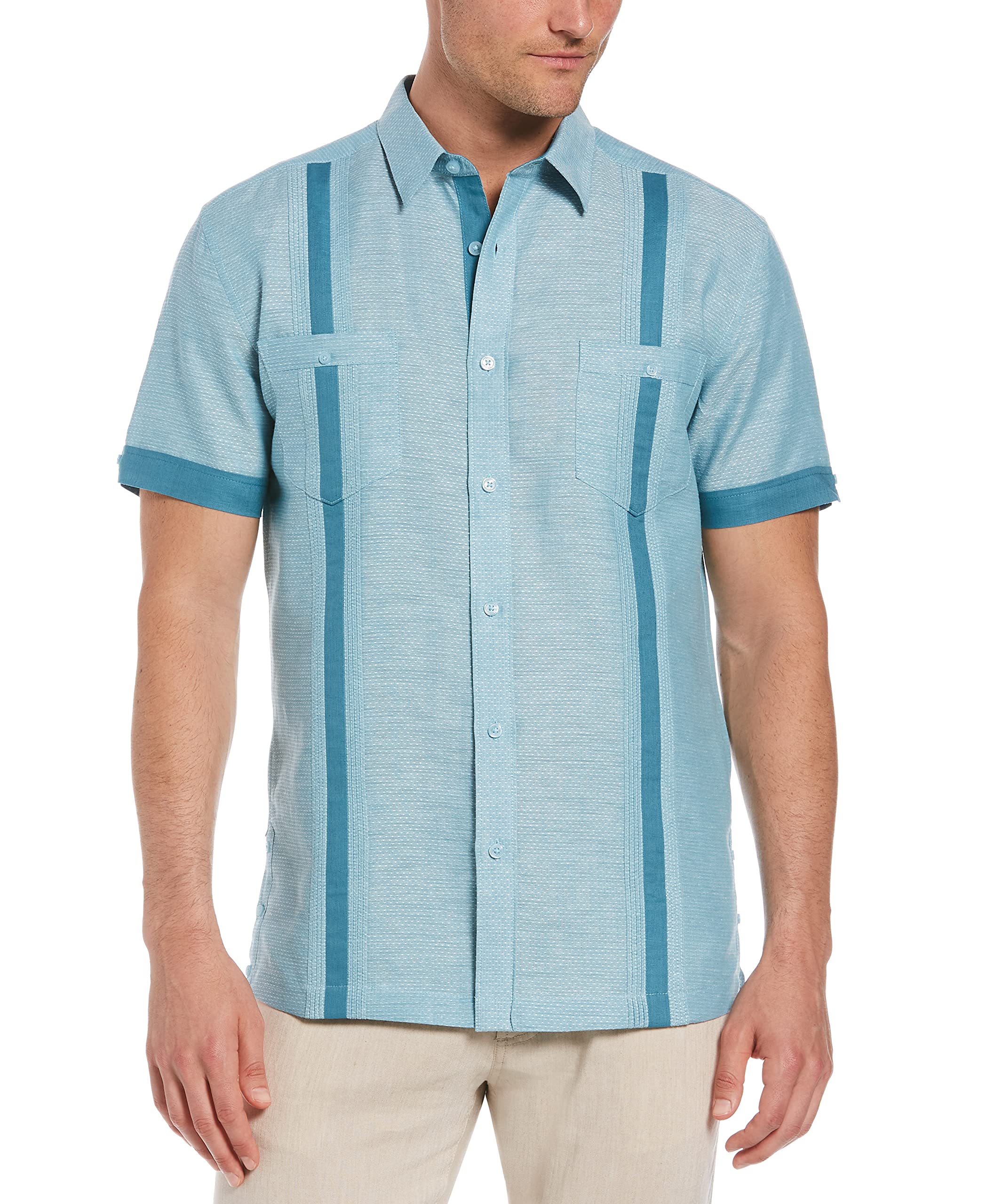 CubaveraMen's Linen-Blend Textured Two-Pocket Short Sleeve Button-Down Guayabera Shirt