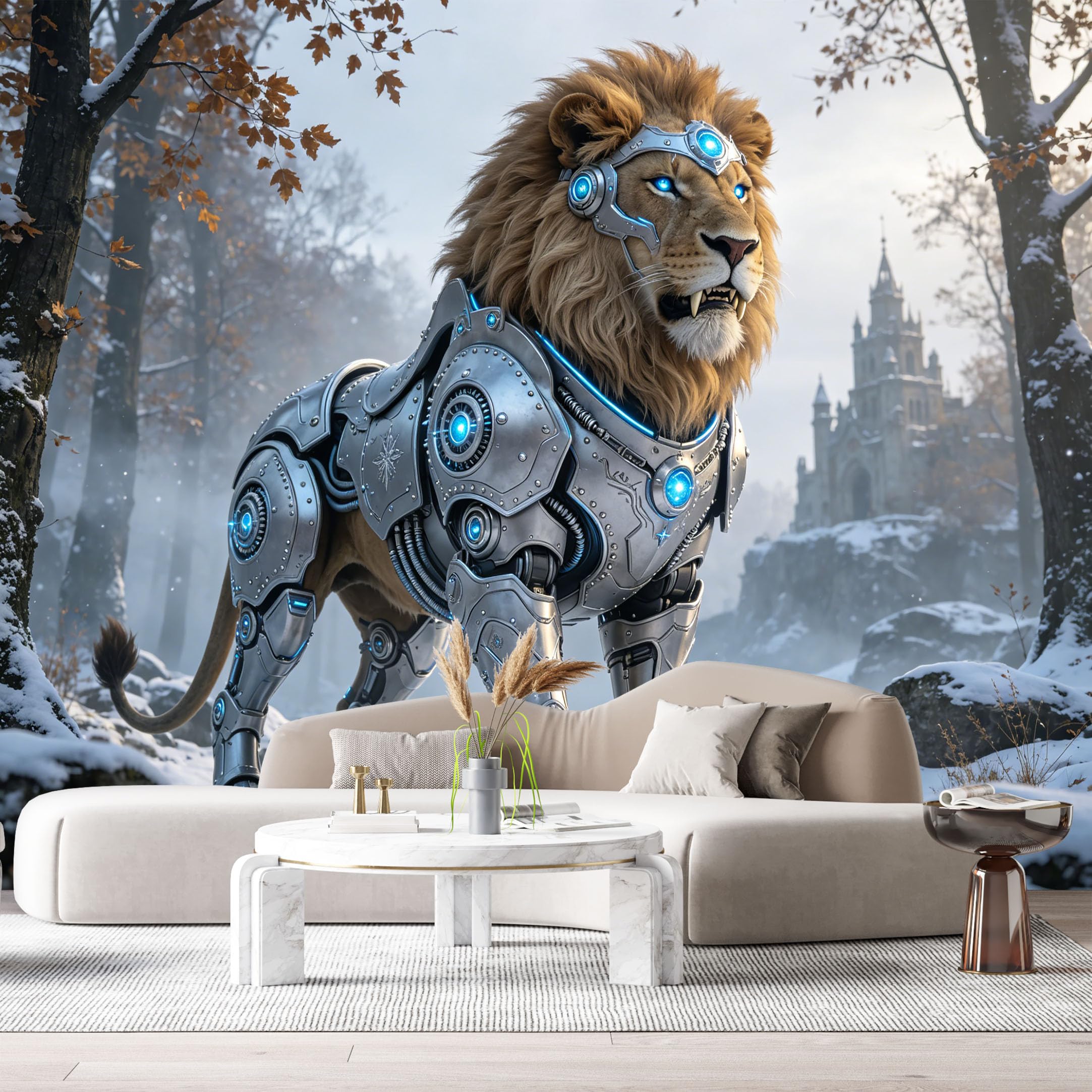 Custom Size Wall Mural Cybernetic Lion Mech Futuristic Armor Beast 3D SciFi Steel Creature SelfAdhesive Art Prints Removable Large Wallpaper Esports Room Game Room Tenant Room Studio